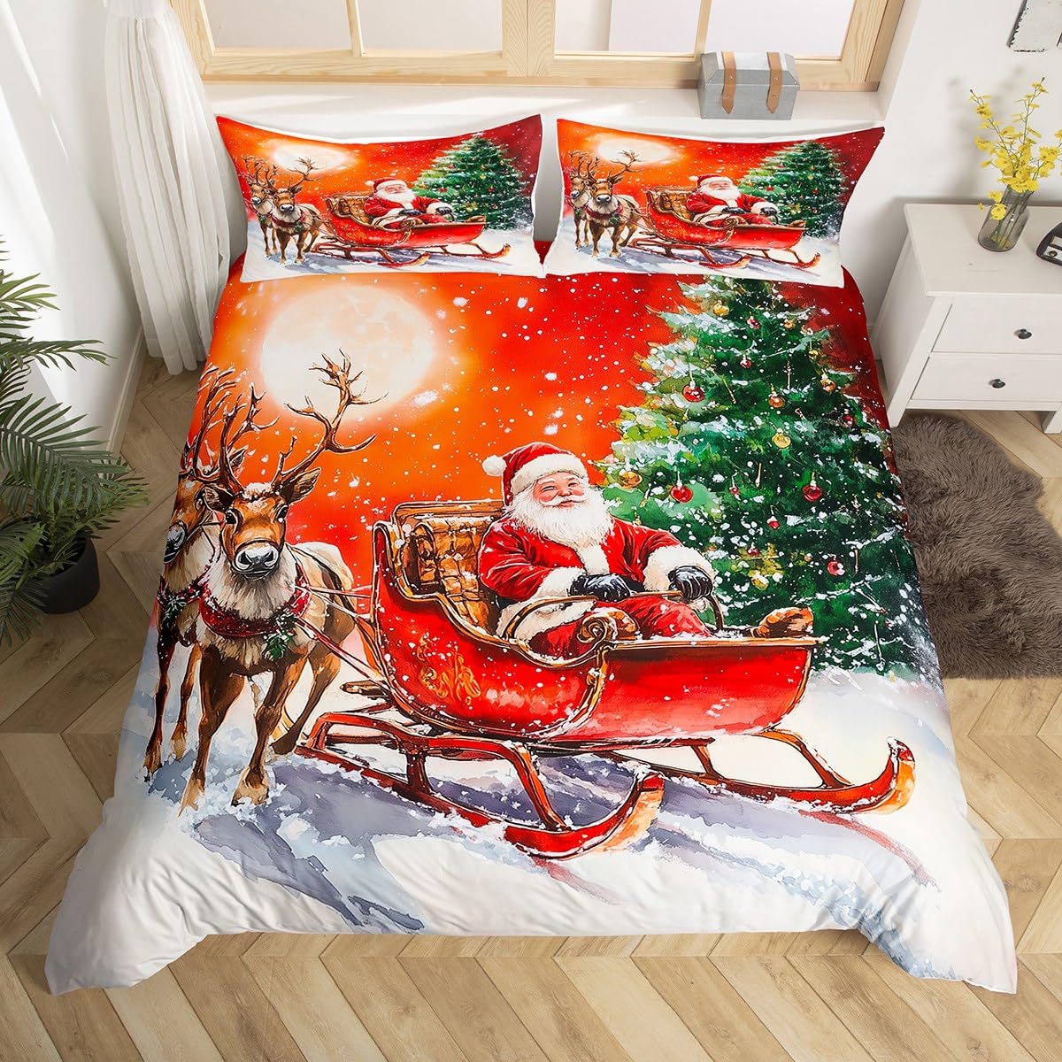 Homewish Świąteczna poszewka na kołdrę w rozmiarze king size, Święty Mikołaj, renifer, łoś, zestaw pościeli, zimowa poszewka na kołdrę z motywem choinki, dla dzieci, chłopców, dziewcząt, dorosłych