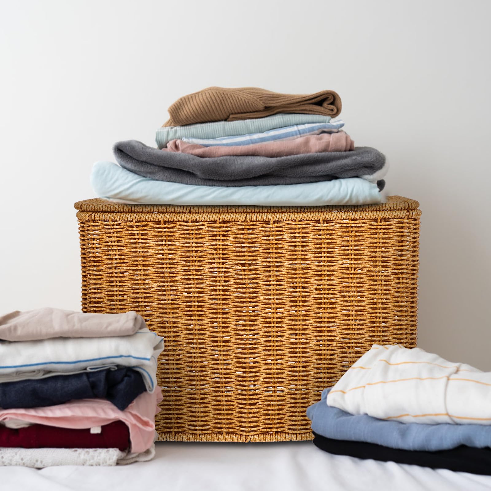 Cesta Tejida Rectangular con Tapa para Almacenamiento de Libros y Revistas, Plástico Resistente, Capacidad Amplia Adecuado para Organización en Escritorio o Habitación