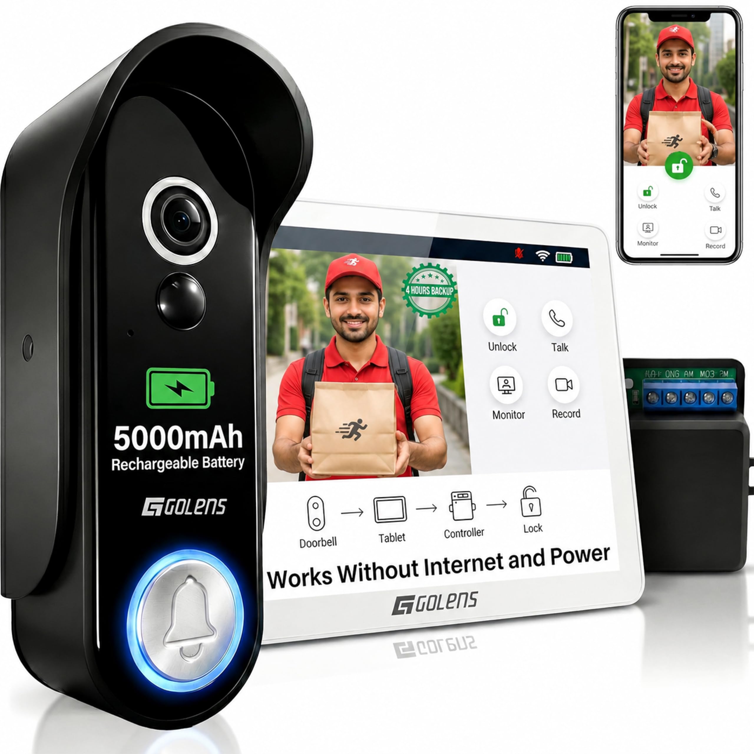 Golens Smart Video Doorbell Camera with 8 in Touchscreen Monitor, 1080P HD, Works Without Internet, 915MHz RF 300 m Range, 5000 mAh Rechargeable Battery, 2 Way Audio, Night Vision WiFi App Control DB1-image-42