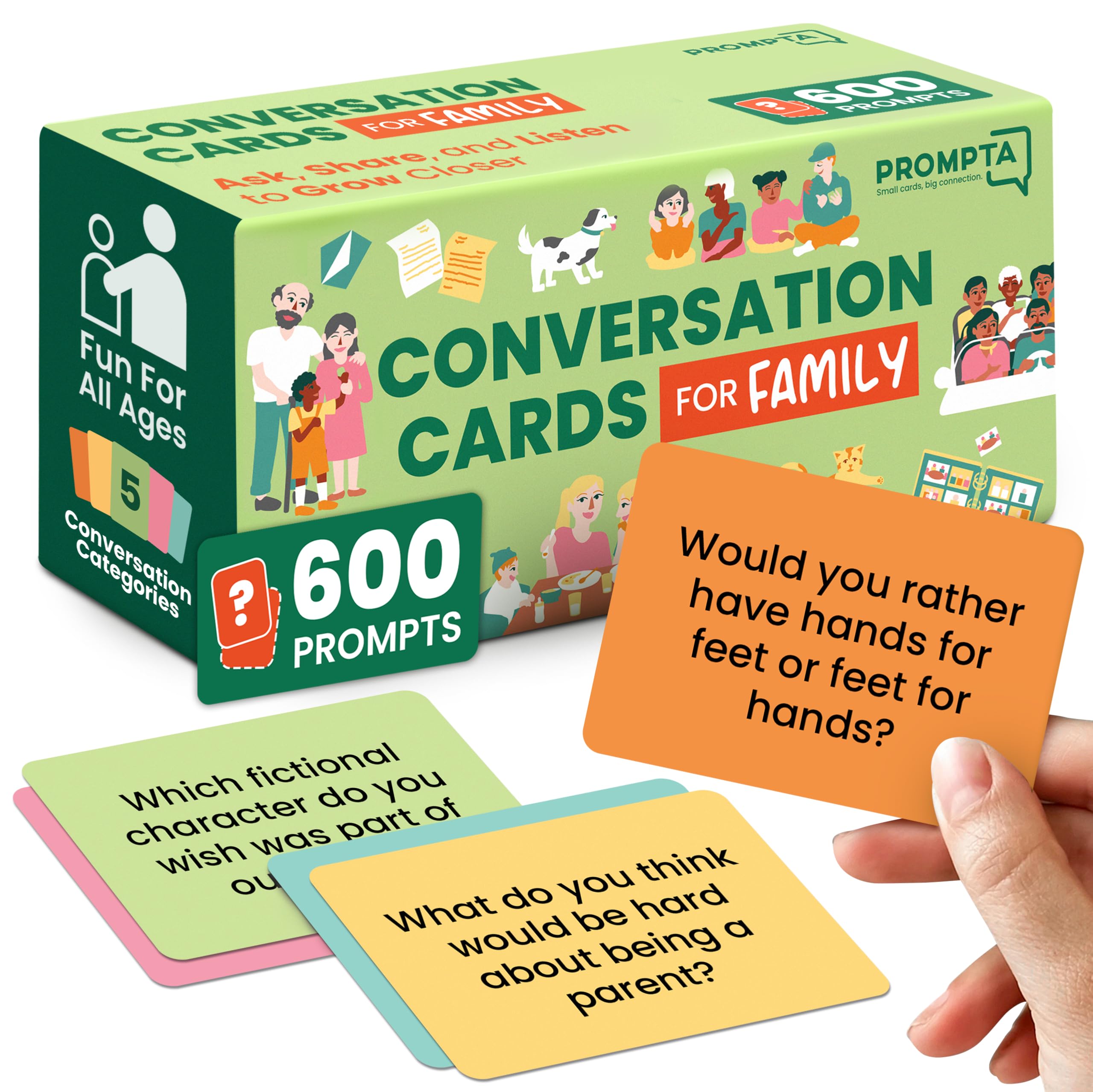 600 Conversation Cards for Families – Fun Family Game for Kids and Adults During Game Night, Family Dinner, or Road Trips – Five Get to Know You Question Categories on 2.5" x 1.75" Cards