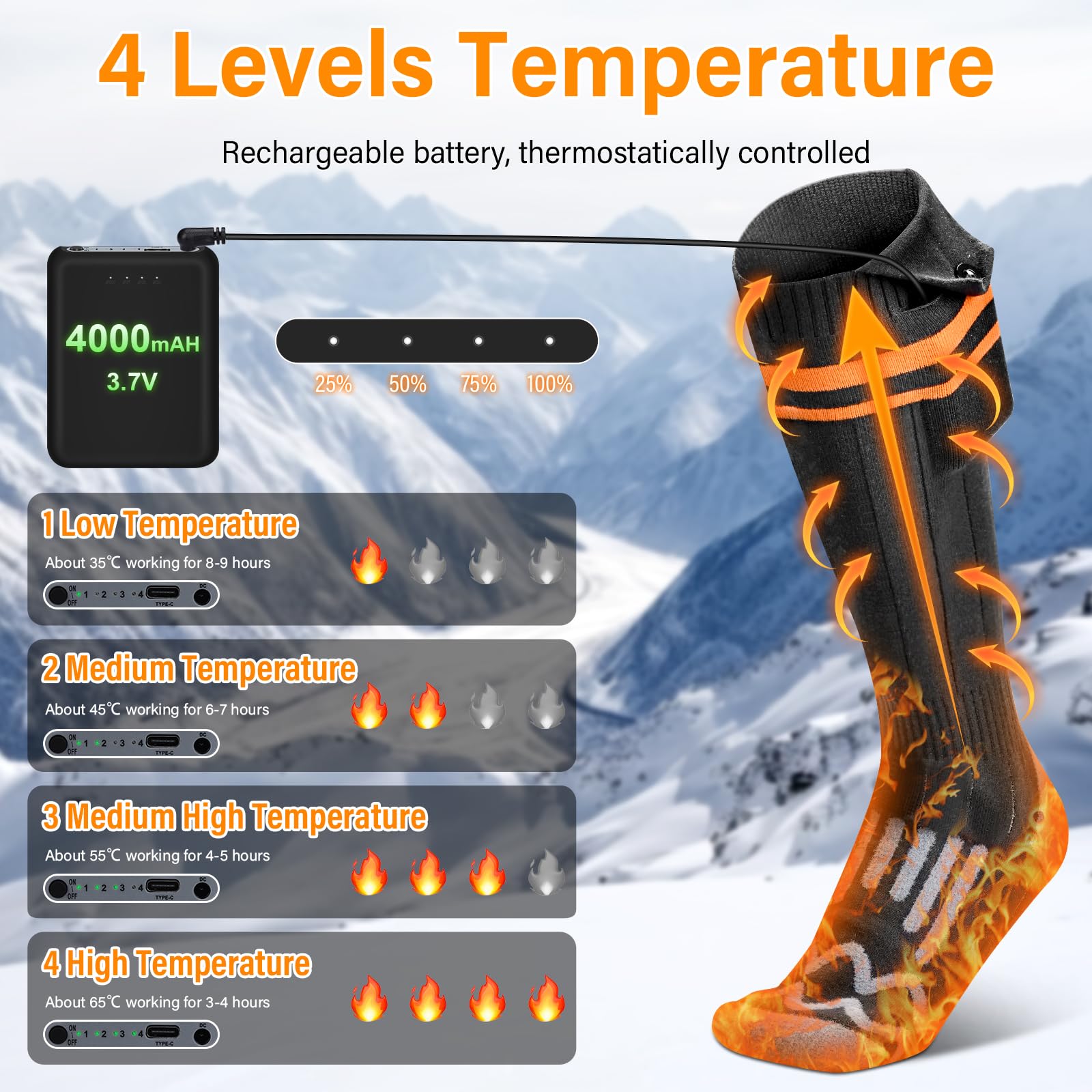 Beheizbare Socken, 4000mAh Wiederaufladbare Heizsocken mit 4 Temperaturen, Waschbare Wärmesocken für Skifahren/Angeln/Camping/Radfahren, Beheizte Socken Unisex 36-43