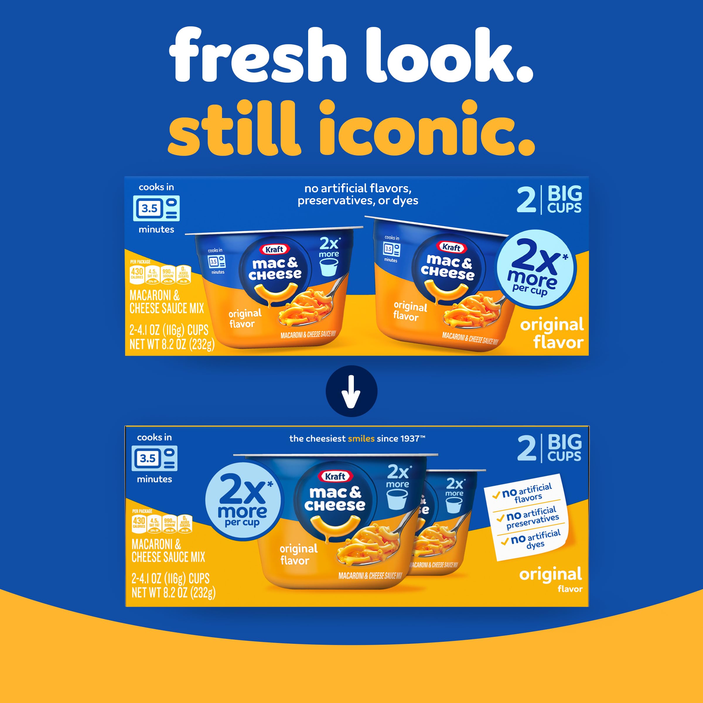 Kraft Mac & Cheese, 2 Big Cups, for Easy Dinner or Dinner Sides, Original Flavor, No Artificial Flavors, Preservatives or Dyes, 4.1 oz
