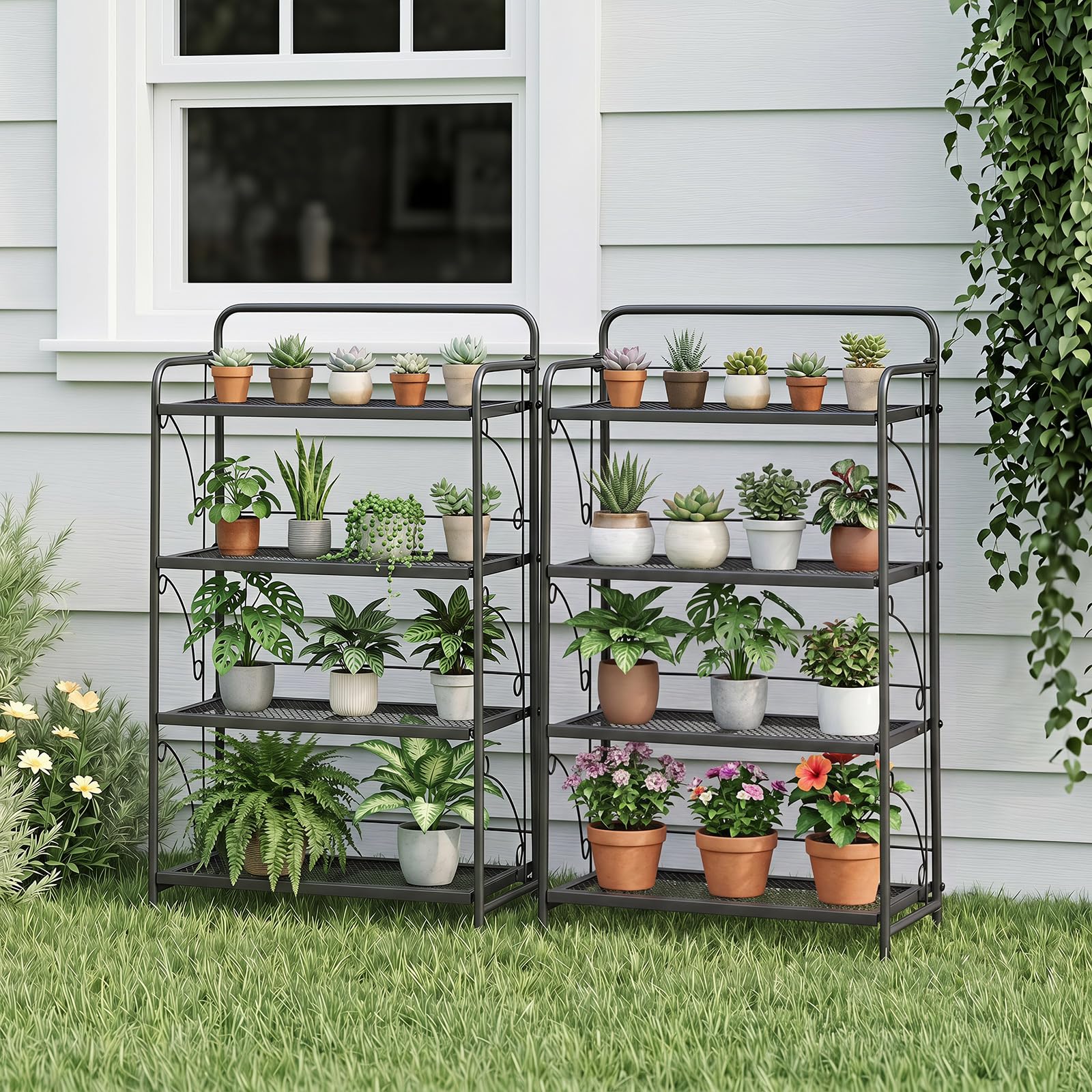 COSTWAY Scaffale Portafiori in Metallo, Scaffale per Piante Verticale con 4 Ripiani Pieghevoli, Espositore Multiuso da Interno ed Esterno, per Giardino, Terrazza e Balcone, 60 x 25 x 100 cm