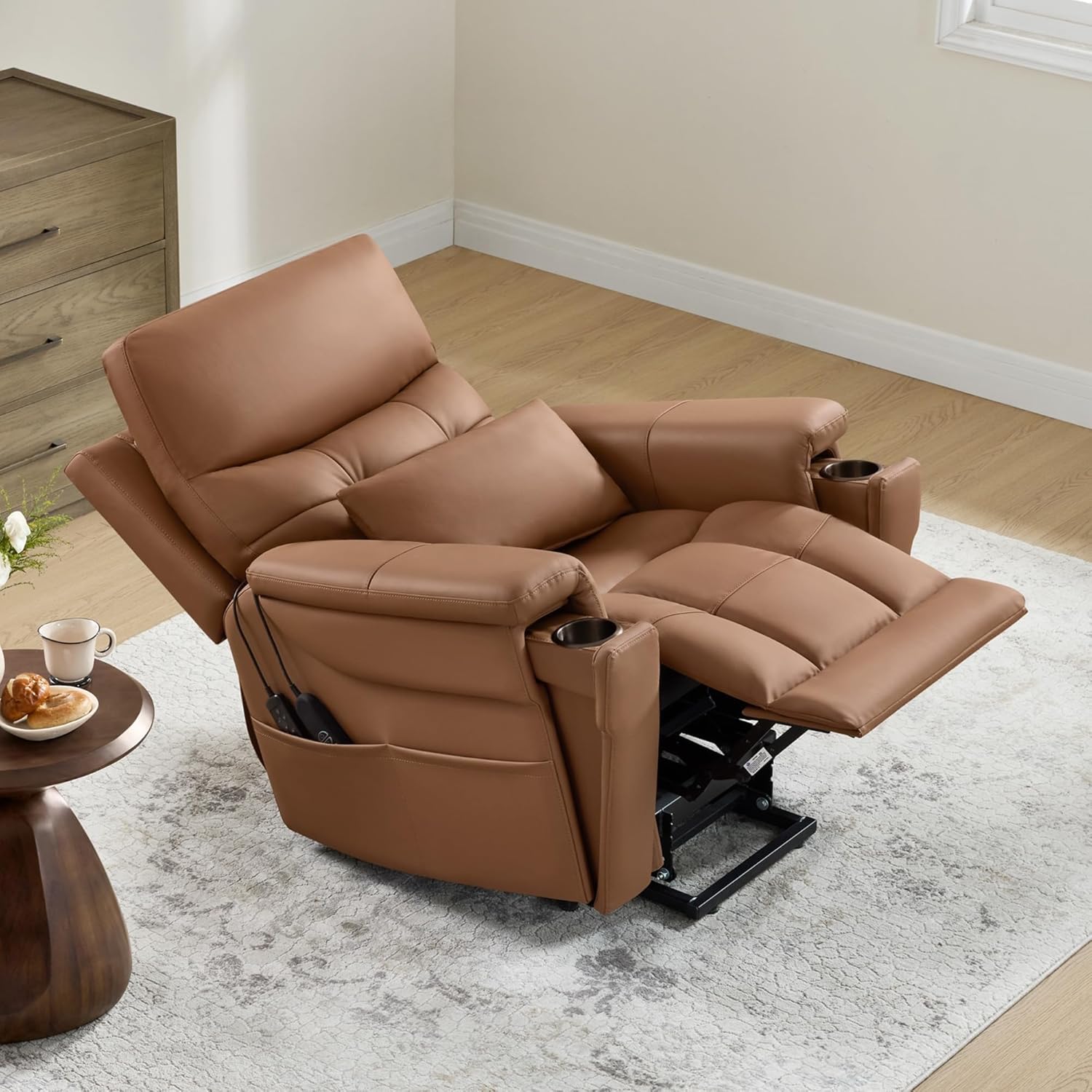 Genuine Leather Electric Lift Chairs with Power Headrest for Elderly with Heat and Massage Side Pockets Power Lift Recliner Chair Cup Holder, Removable Lumbar Pillow