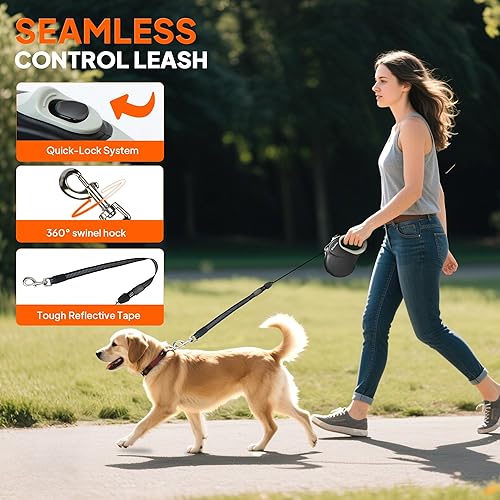 Miniatura 5 de Twoear Correa retráctil de 30 pies para perros medianos y grandes de hasta 110 libras - Correa larga resistente sin enredos con freno de una mano,