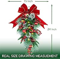 Vista 4 de Guirnalda decorativa en forma de gota preiluminada de 24 pulgadas, guirnalda de Navidad a pilas con luces de hadas, lazo rojo y bolas, conos