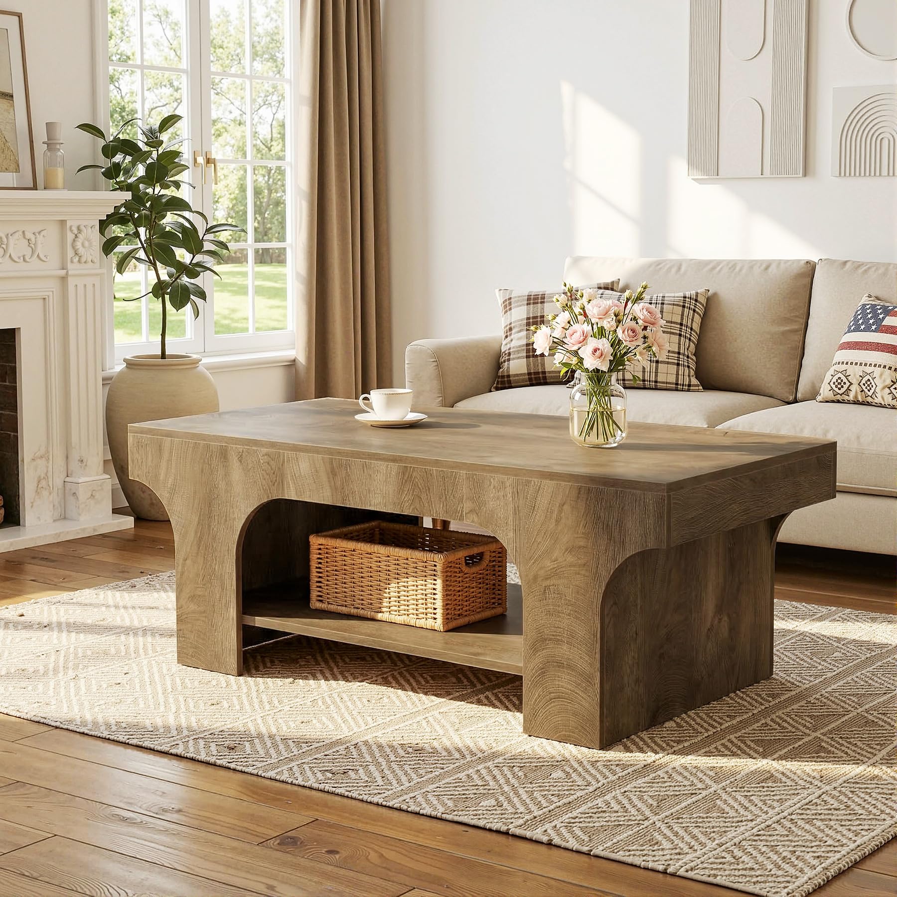 Tribesigns Couchtisch 120cm, 2-Ebenen Rechteckig Wohnzimmertisch, Modern Farmhouse Kaffee Tisch mit Stauraum, Holz Akzent Tisch für Schlafzimmer, Home Office, Wohnbereich, Braun