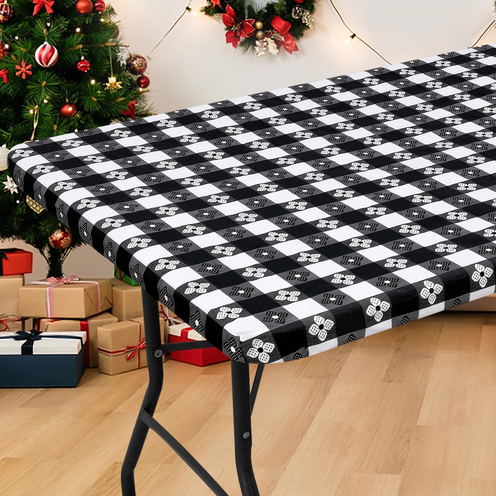 Rectangle Vinyl Table Cloth, Waterproof Elastic Fitted Tablecloth with Flannel Backing, Plastic Table Cover for Picnic, Camping, Outdoor (Black & White, 30"x72")
