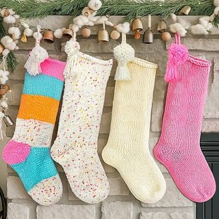 4 Pack Pastel Christmas Stockings with Tassels 18 Inches Large Hand Knit...