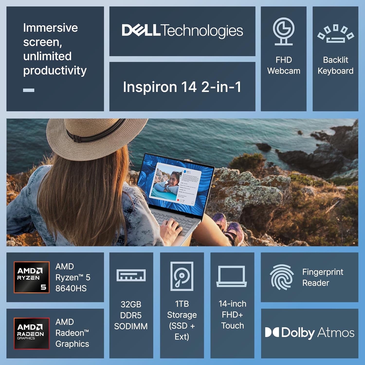 Dell Inspiron 14 2-in-1 Laptop for 2026 Business, Lifetime Office, Al Copilot, 14” FHD+ Touchscreen, AMD Ryzen 5, 32GB RAM, 1TB Storage (512GB SSD+500GB Ext), FP, Backlit KB, MarxsolAddon, Win 11 Pro