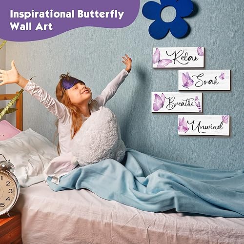 Miniatura 5 de Weysat 4 accesorios de baño morados de 10 x 4 pulgadas, decoración de baño de mariposa para relajarse, remojar y relajarse, decoración de pared de