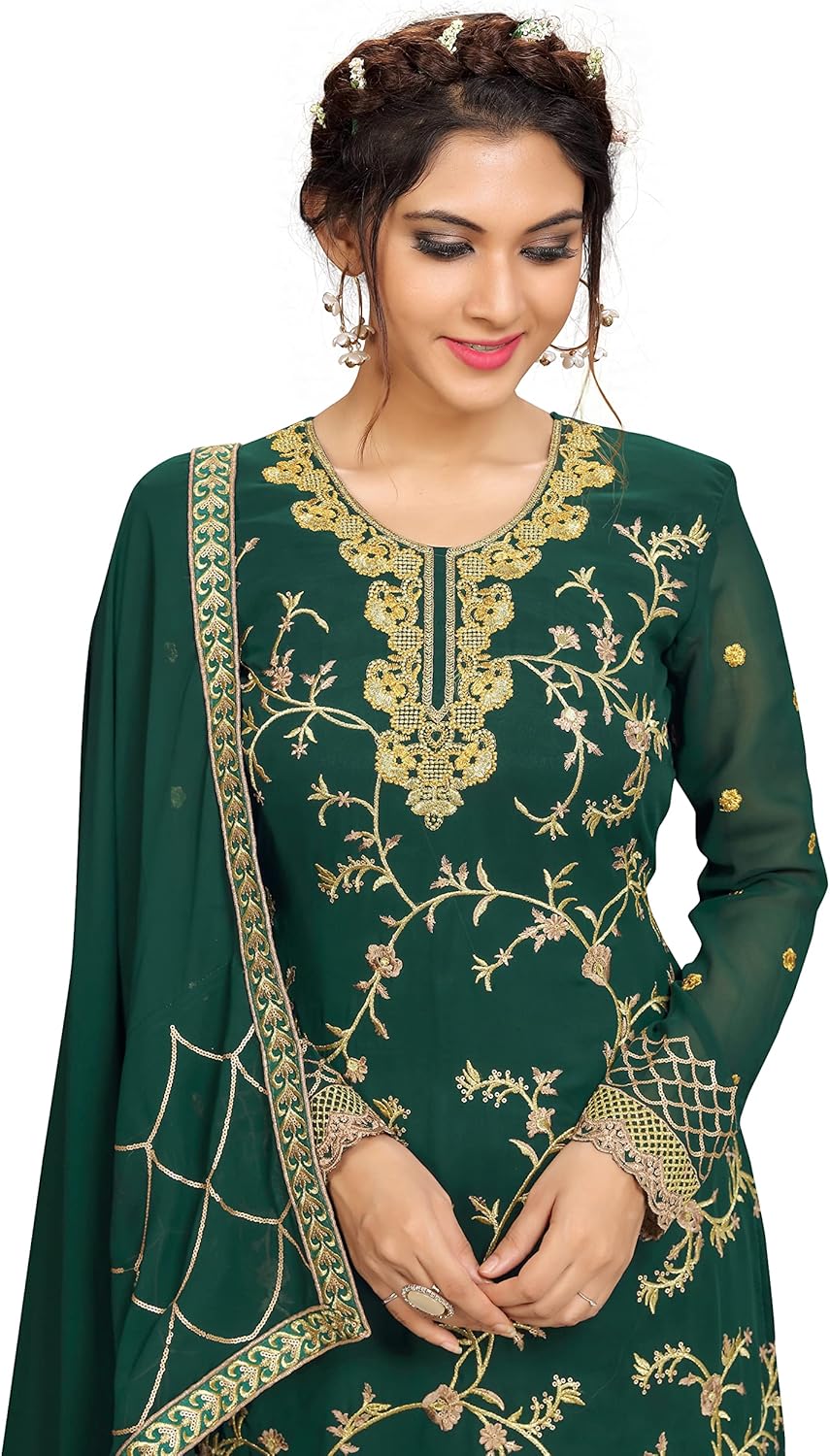 TRENDMALLS Women's Georgette Embroidery Indian Pakistani Kurta Sharara Suit Set Ethnic Dress