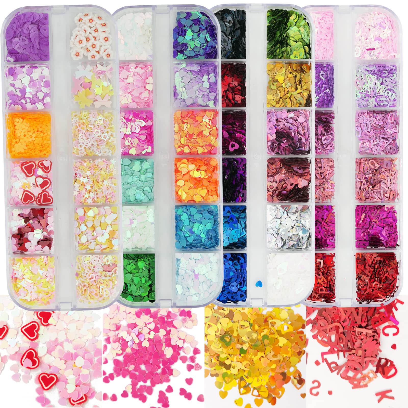 AddFavor 4 Boxes Holographic Nail Glitter Mixed Iridescent Glitters Sequin Flakes Heart Letter Lovely DIY Design Manicure Nail Art Decorations Sets for Nail Art/Craft/Makeup