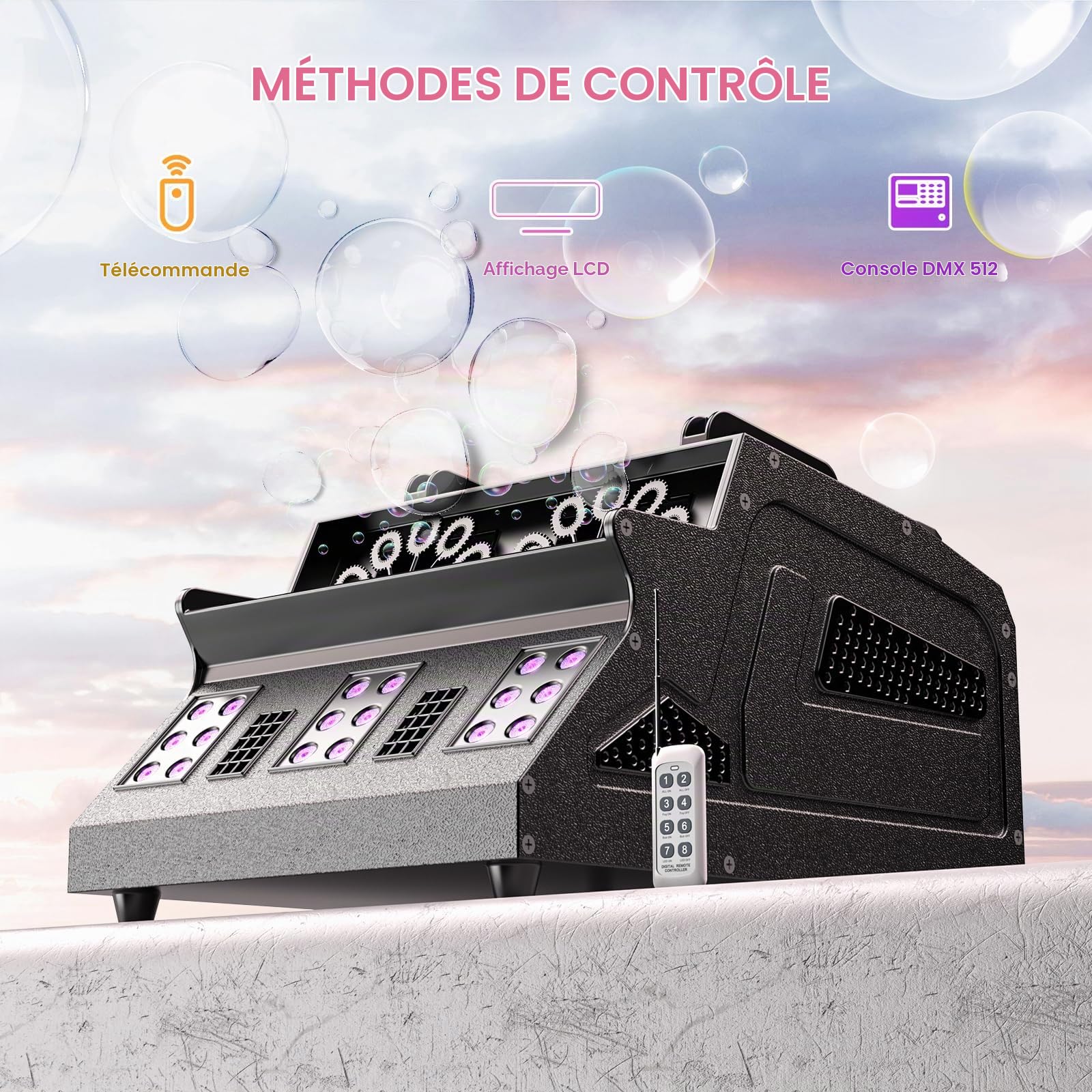 Machine à Fumée et à Bulles 1500W avec Télécommande, 18 LED RGB d-mx512 Contrôle Indépendant Machine à Bulles et à Fumée pour Mariages, Scènes, Fêtes, Noël, Halloween