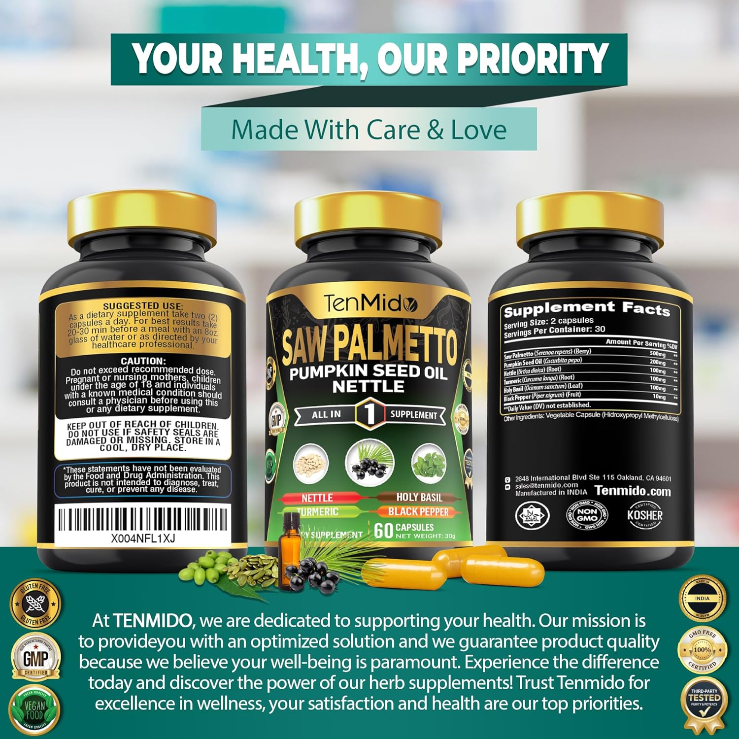 Saw Palmetto Supplement - 6in1 Blend with Pumpkin Seed Oil, Stinging Nettle, Turmeric, Holy Basil & Black Pepper - 60 Vegan & Non-GMO Capsules