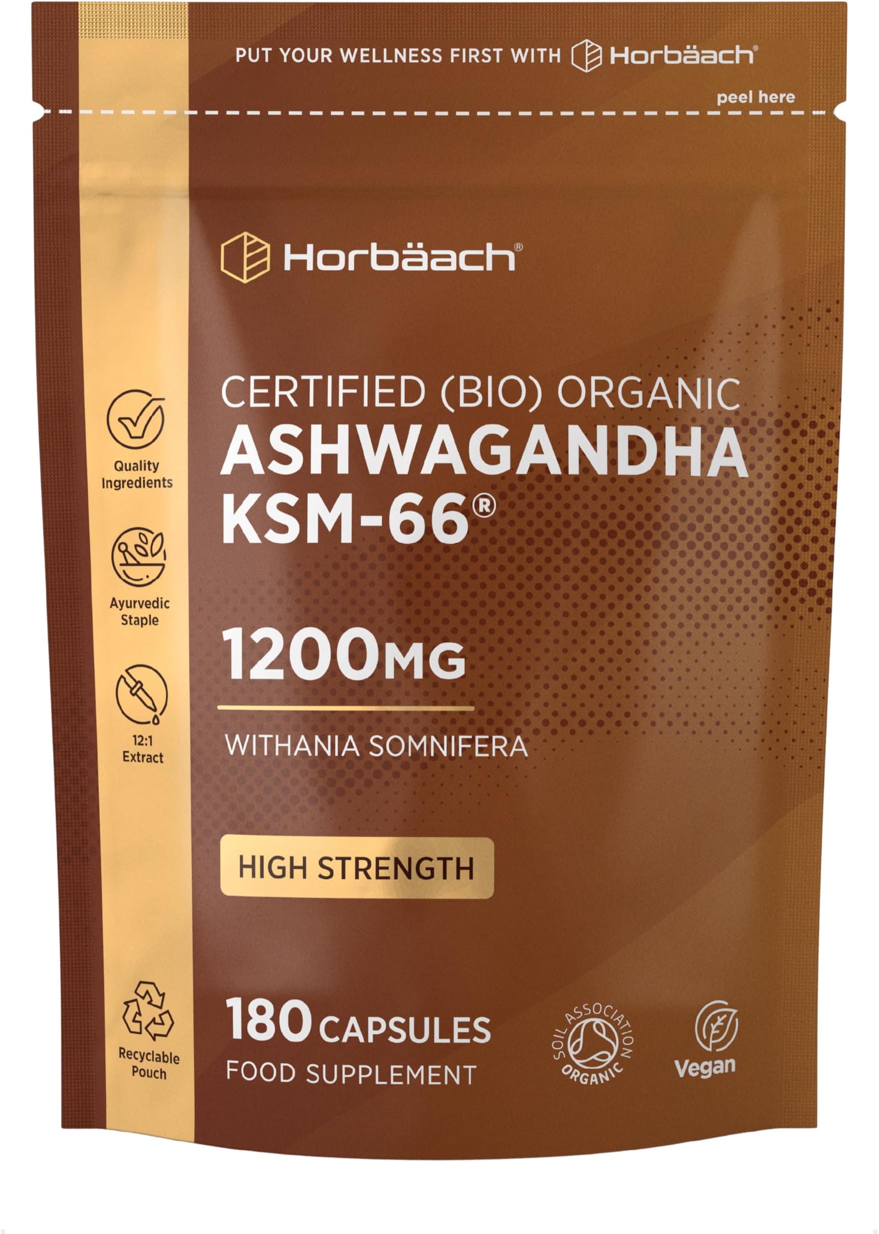 Organic Ashwagandha KSM-66® 1200mg with 5% Withanolides | Pure Ashwagandha Root Powder | High Strength | 180 Vegan Capsules (Not Tablets) | Supplement for Men & Women | by Horbaach