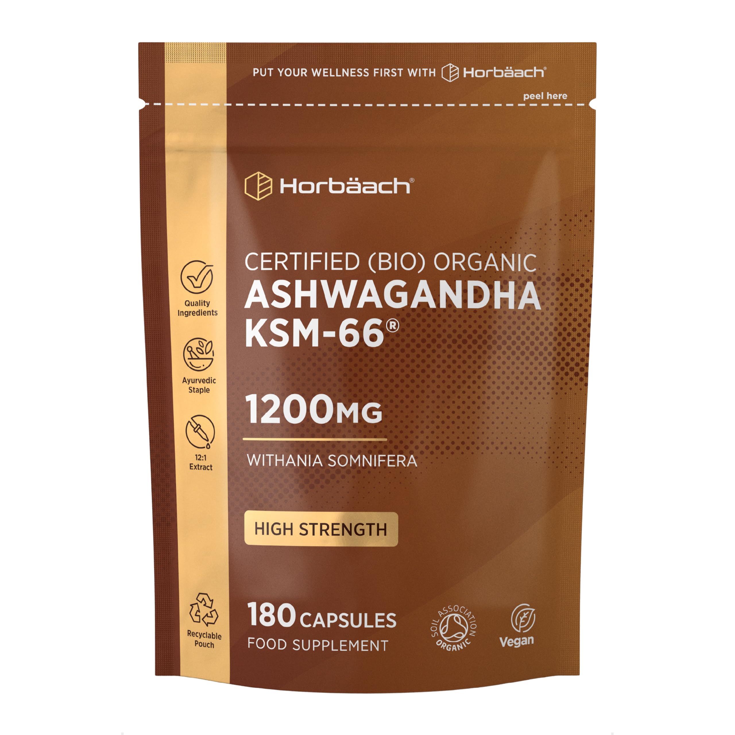 Organic Ashwagandha KSM-66® 1200mg with 5% Withanolides | Pure Ashwagandha Root Powder | High Strength | 180 Vegan Capsules (Not Tablets) | Supplement for Men & Women | by Horbaach
