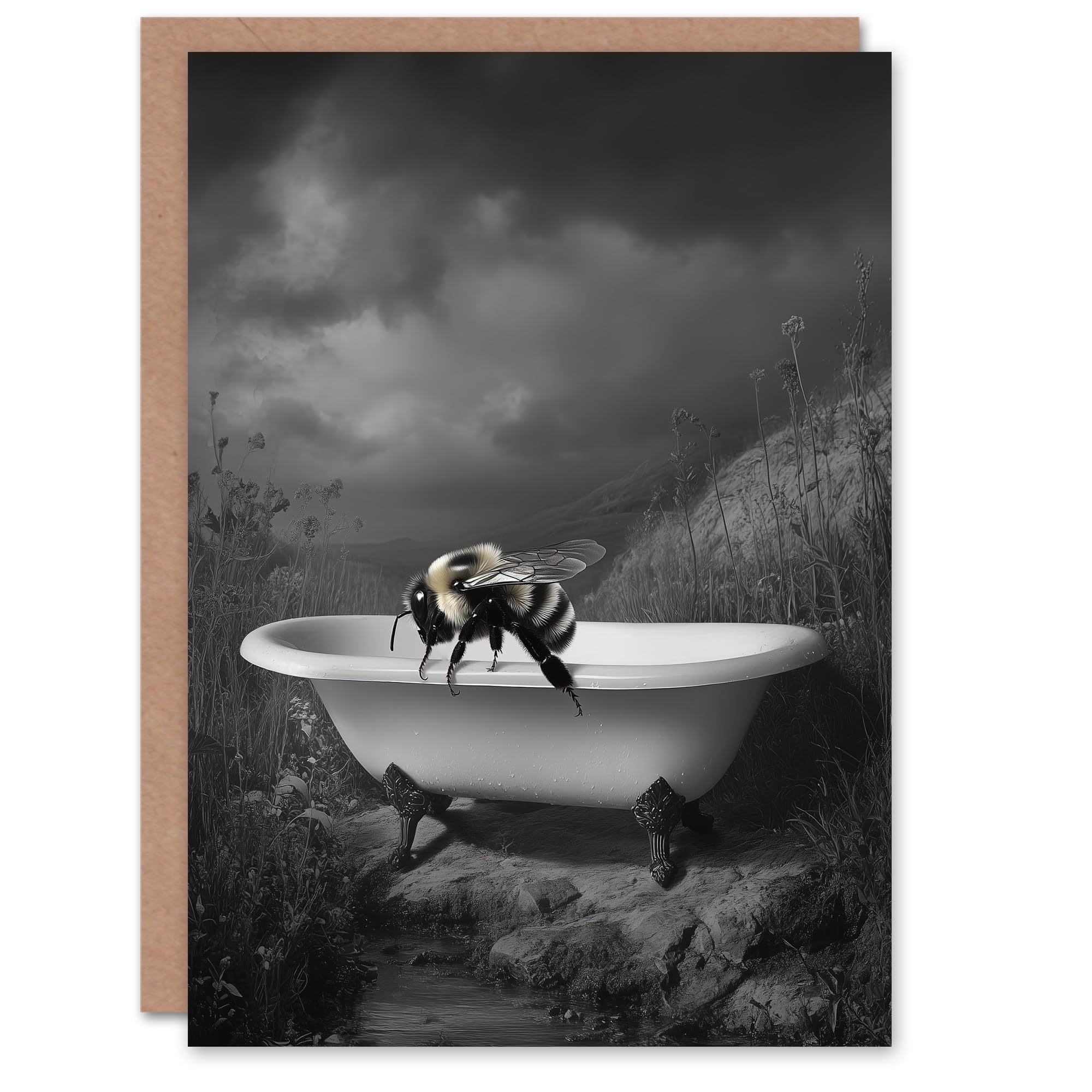 Artery8 Greeting Card Bumblebee Riverbank Bathtub Black White Surreal Blank For Him Or Her Art Birthday Card