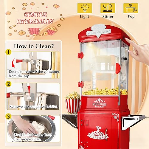 Miniatura 3 de Máquina de palomitas de maíz de 10 onzas con carrito, palomitas de maíz hace hasta 40 tazas, máquina de maíz estilo cine vintage con suministros