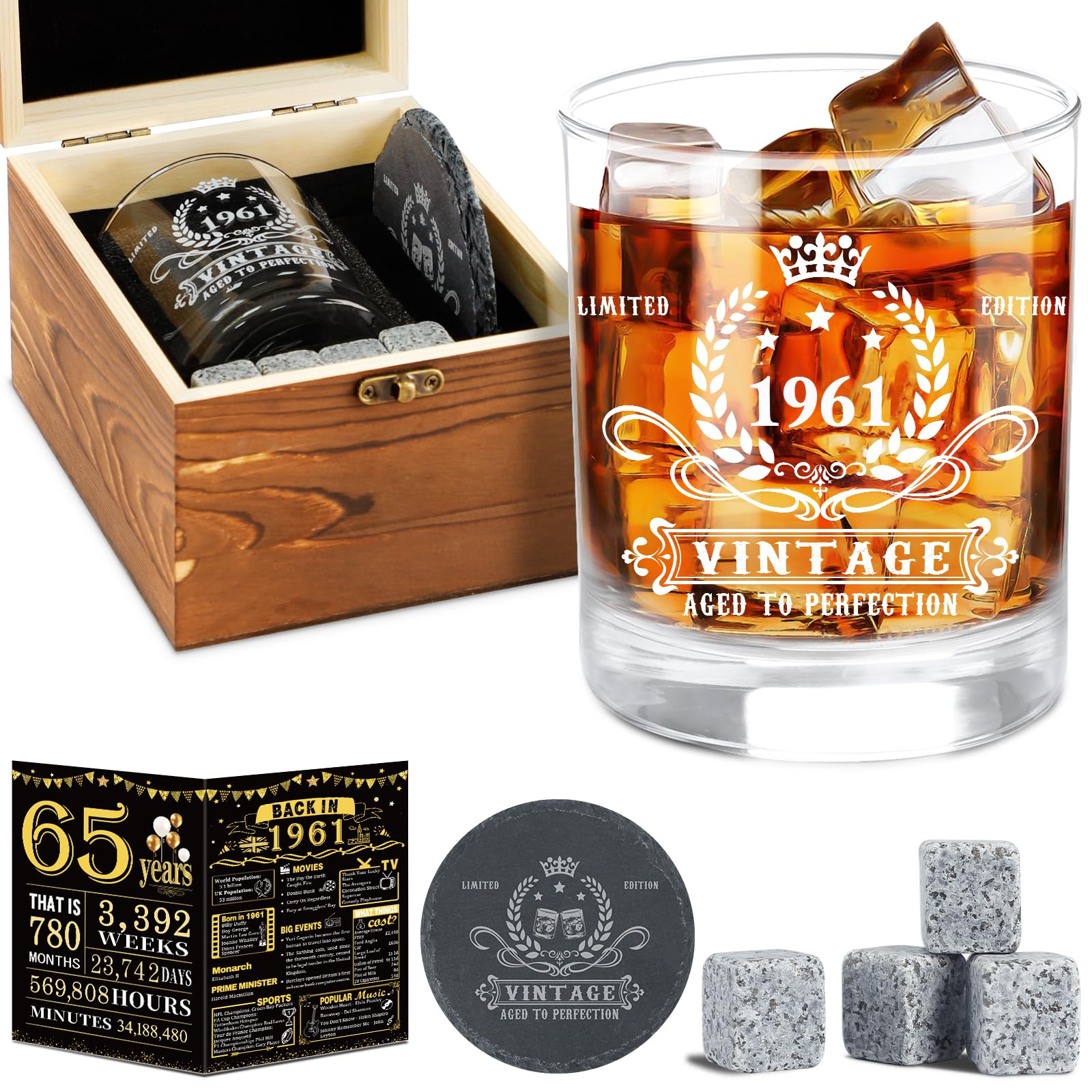 Vasos de whisky vintage 1960 y regalos de cumpleaños para hombres de 65 años con caja de madera