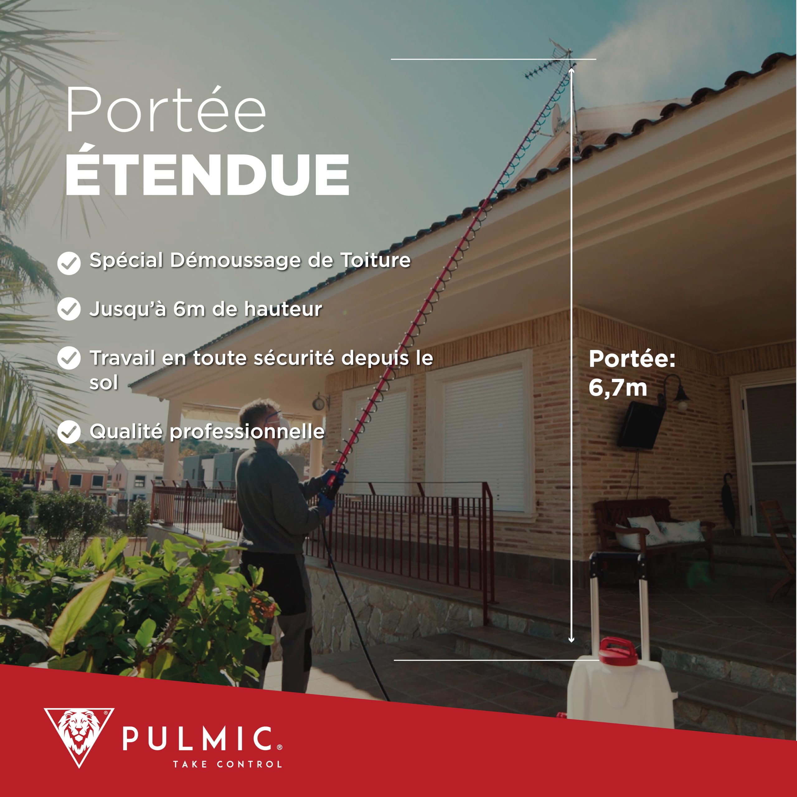 Pulmic Lance de Pulvérisation Télescopique 5 m d'Hauteur – Perche en Fibre de Verre Légère. Idéale pour Le Démoussage, Le Nettoyage de Toiture, Murs et Façades. Buse Réglable Qualité Professionnelle