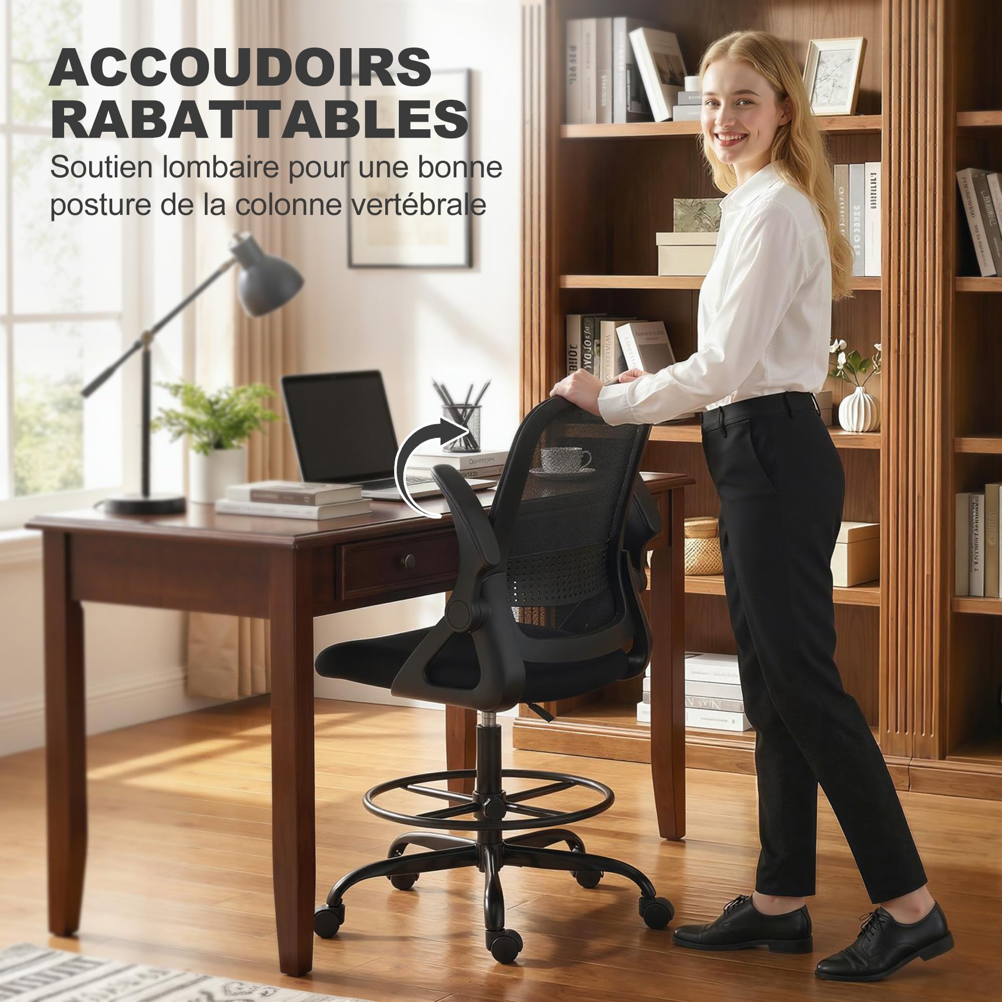 HOMCOM Chaise Bureau Ergonomique Haute, Accoudoirs Rabattables, Noir