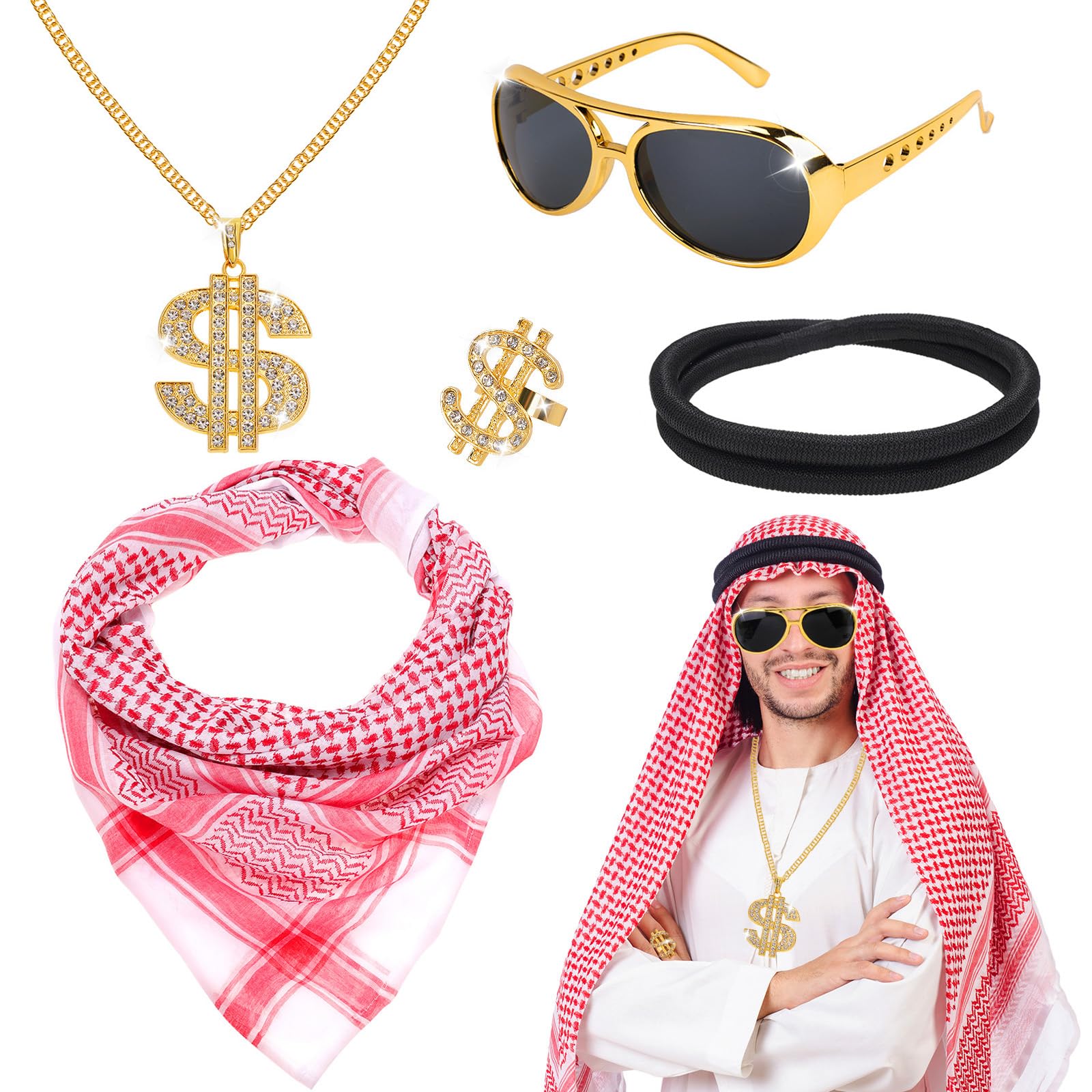 XEPST Arabo Set per gli uomini - 5 pz Accessori Costume Kefiyeh Testa Wrap sciarpa Arabo nero Fascia Halloween Cosplay Carnevale Fancy Dress Up
