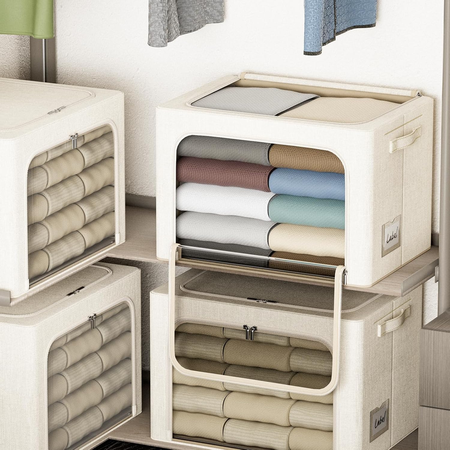 4 Pack Clothes Storage Bins with Metal Frame - 22L Stackable Storage Box with Lid，Foldable Storage Container Organizer for Clothes，Linen Fabric Storage Box with Clear Window＆Zippers＆Handles