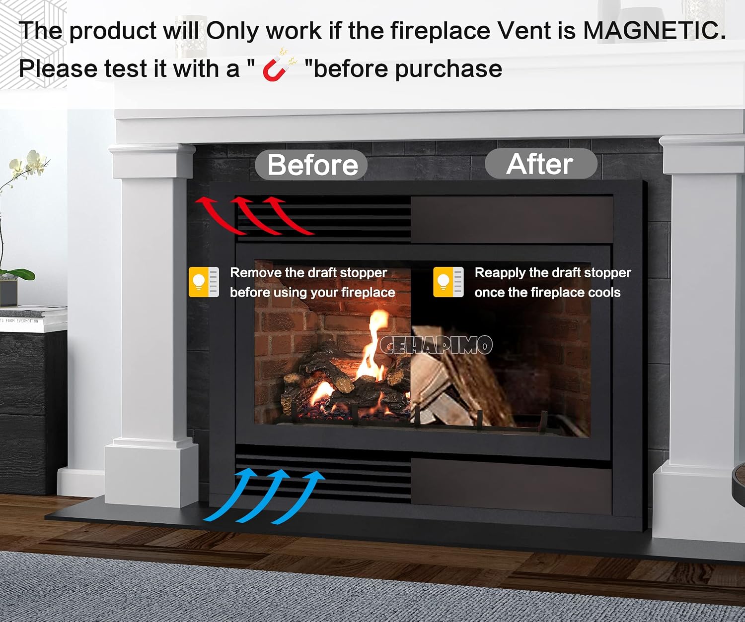 Fireplace Magnetic Vent Covers-Magnetic Fireplace Draft Stopper (40" L x 6" W)