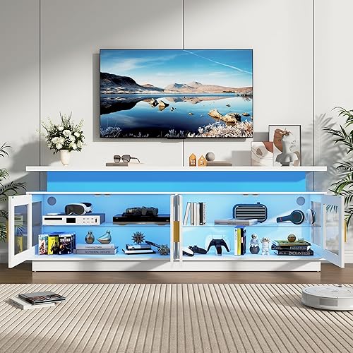 Miniatura 7 de Soporte de TV LED de 71" con toma de corriente, moderno soporte de TV blanco de alto brillo para sala de estar para TV de 65 70 80 pulgadas, centro