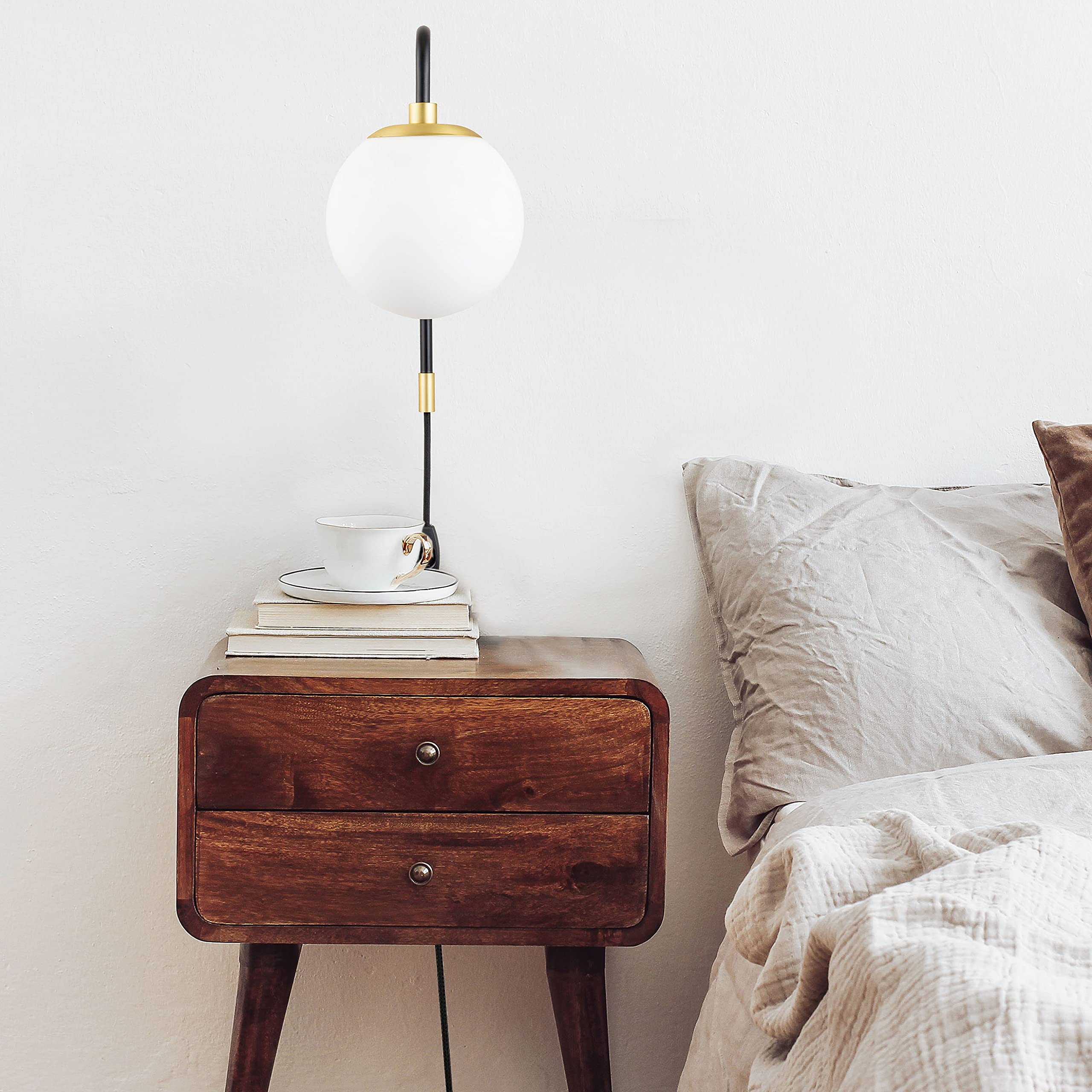 Linea di Liara Caserti Black and Gold Plug in Wall Sconce Wall Lighting Modern Frosted Glass Globe Plug Wall Lamp with Plug in Cord Swing Arm Wall Mounted Bedside Lamp with On/Off Switch Wall Light