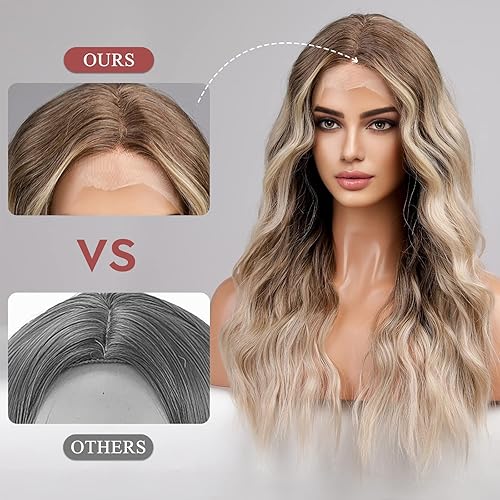 Miniatura 3 de Alanhair Peluca rubia con encaje frontal, pelucas naturales ombré para mujer, peluca sintética larga ondulada con raíces marrones, raya en medio,