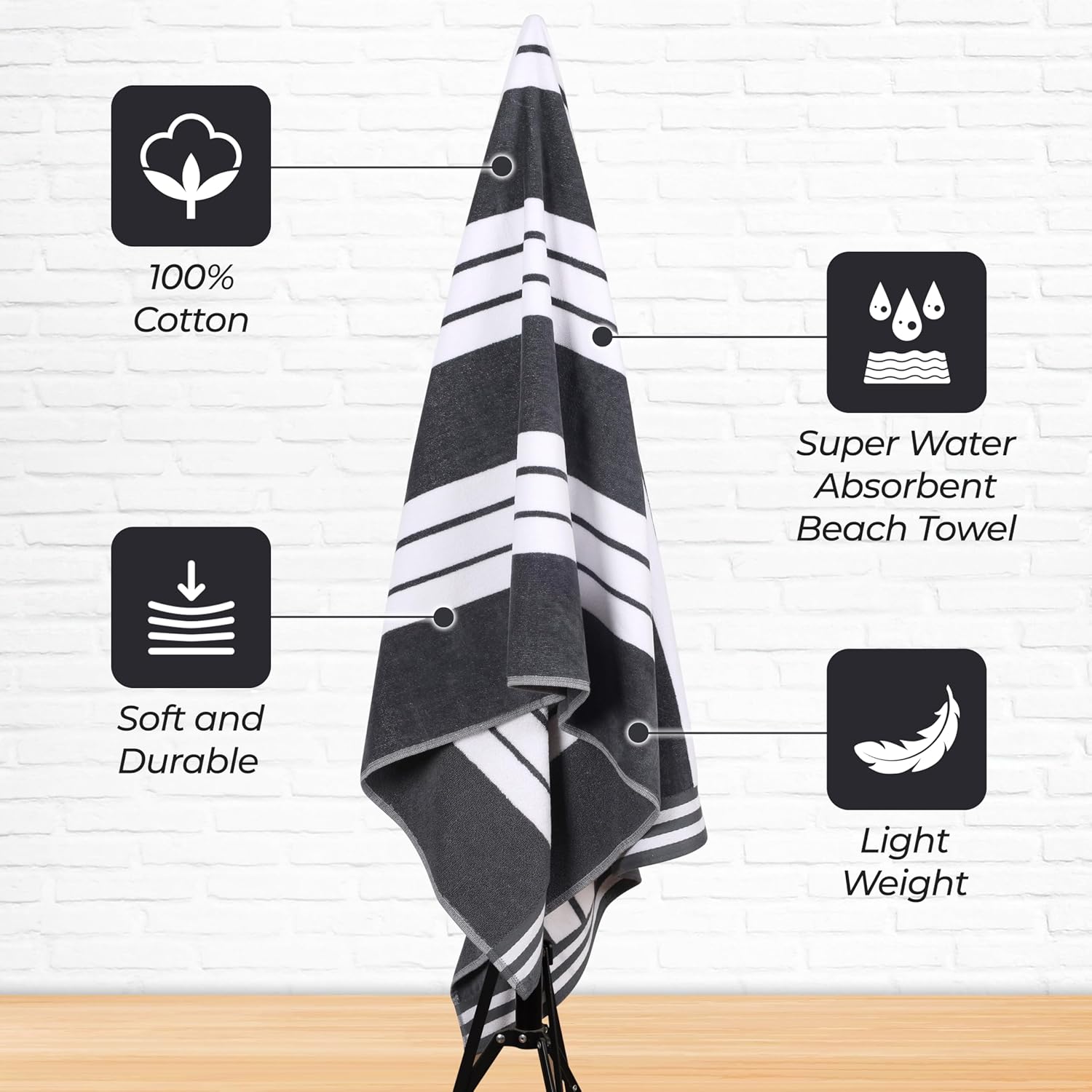 Superior Oversized Cotton Beach Towel Set of 6, Absorbent Towels For Bathroom, Beach, Pool, Swim, Adults, Kids, Vacation, Travel, Bath Sheet, Quick Dry Basics, Trip Essentials, Striped Decor, Charcoal