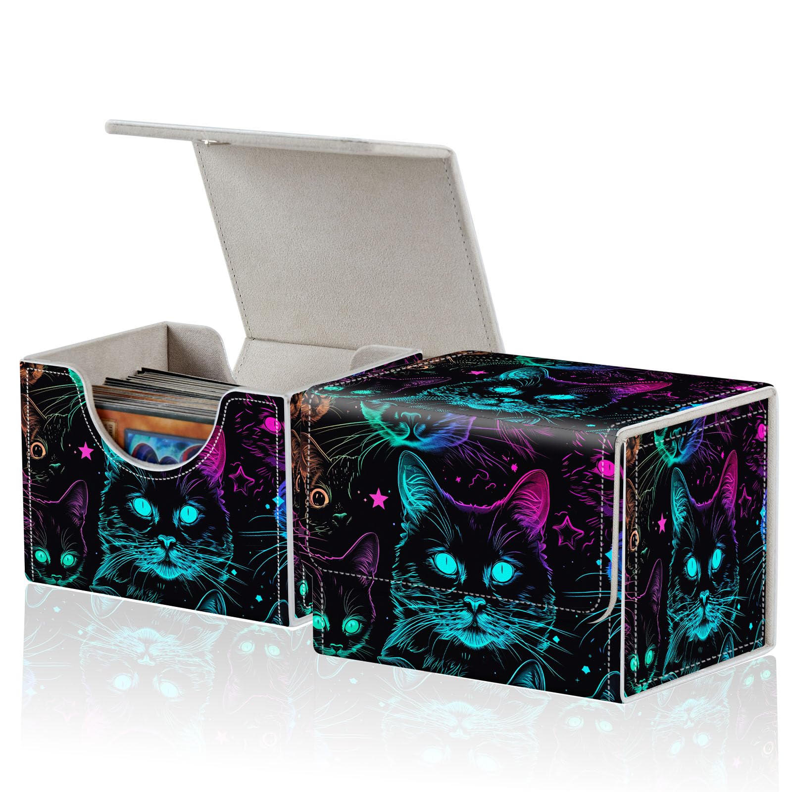 ACWDMKH for MTG Commander Deck Box,Card Deck Box for Trading Yugioh MTG,Fits 100 Double Sleeved Cards,PU Leather Strong Magnet Case for Magic Commander TCG CCG,Glitter Black Cat
