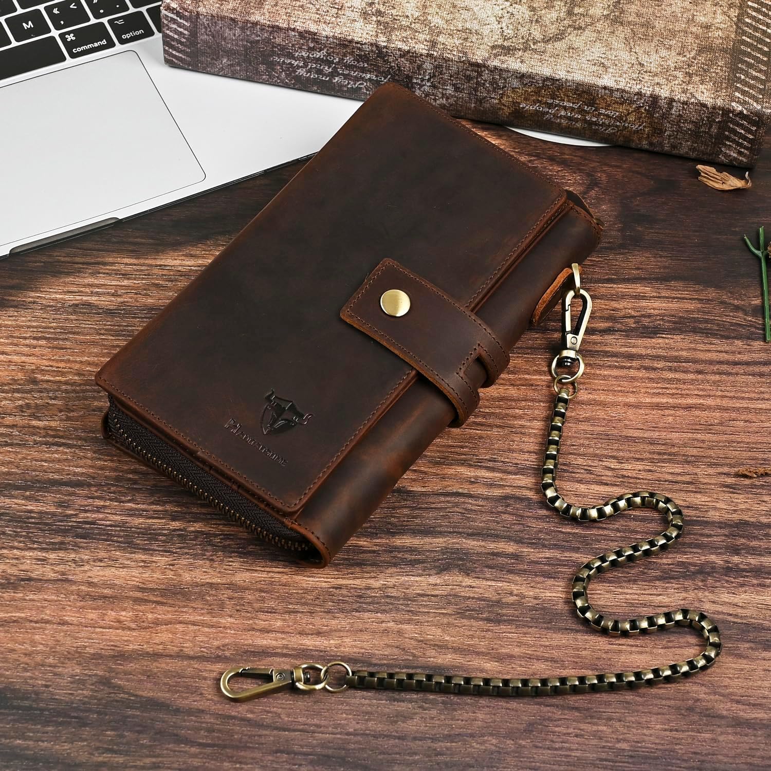 Genuine Crazy Horse Leather Travel Gift Coin Pocket Card Case Long Organizer Chain Rfid Wallet Purse With Snap For Men Male 1803 1815 (W-1819-Brown) - Image 4