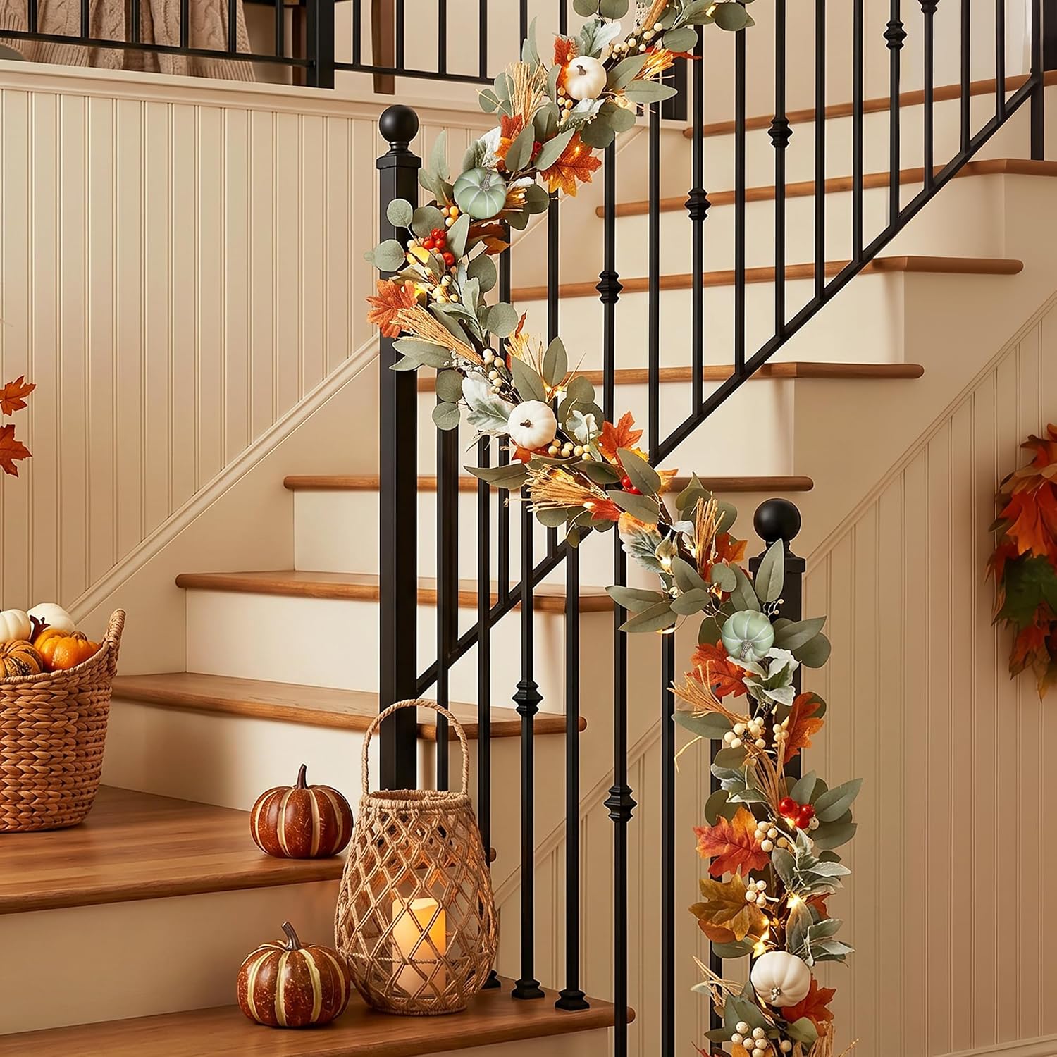 MUMTOP Lighted Fall Garland Eucalyptus Pumpkin, 6FT Thanksgiving Decor