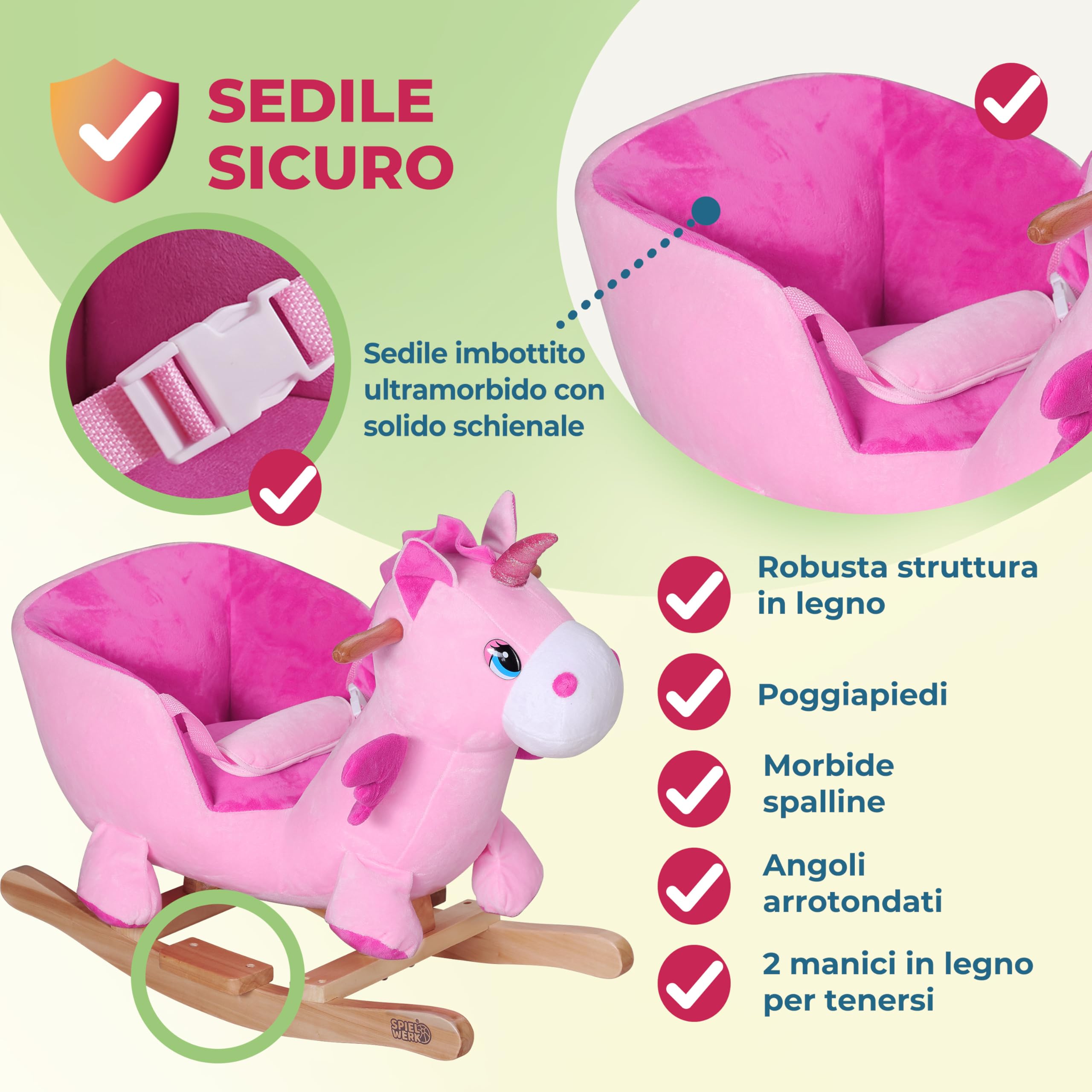 DEUBA® Unicorno Rosa Peluche a Dondolo Legno con Suoni Cintura di Sicurezza Giochi Infanzia Bambini Giocattolo Regalo