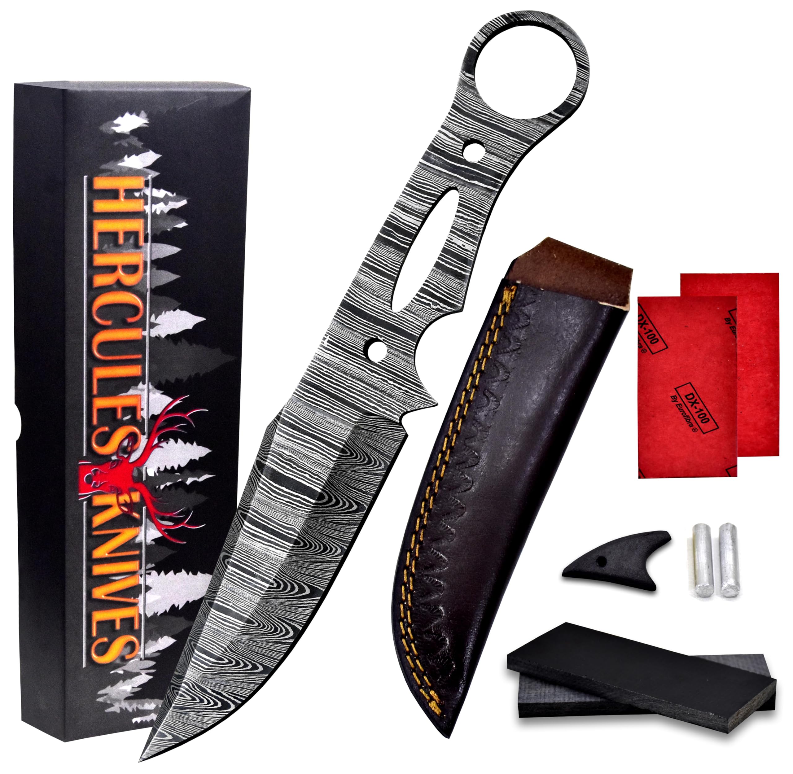 Custom Hand Forged Damascus Steel Blank Blade DIY Knife Making Kit Including G-10 Micarta Scale, Leather sheath, Pins, Scale, Camping Blade Damascus Blade Billet Knife Making Supply (BK-F)