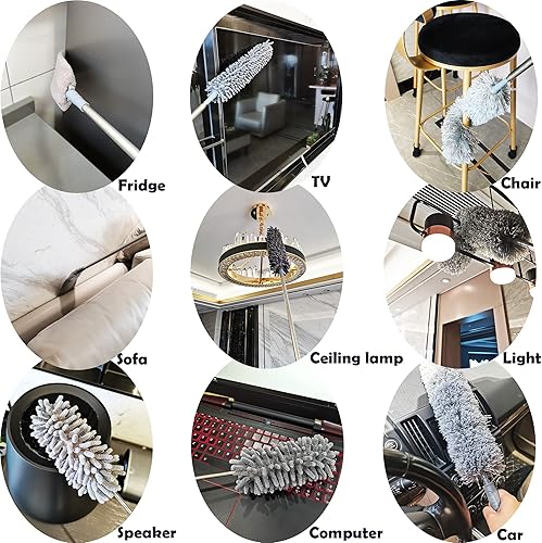 Miniatura 3 de Plumero de microfibra con poste de extensión telescópico (30-100 pulgadas), 4 cabezales de limpieza y 1 mini-plumero. Plumeros de plumas