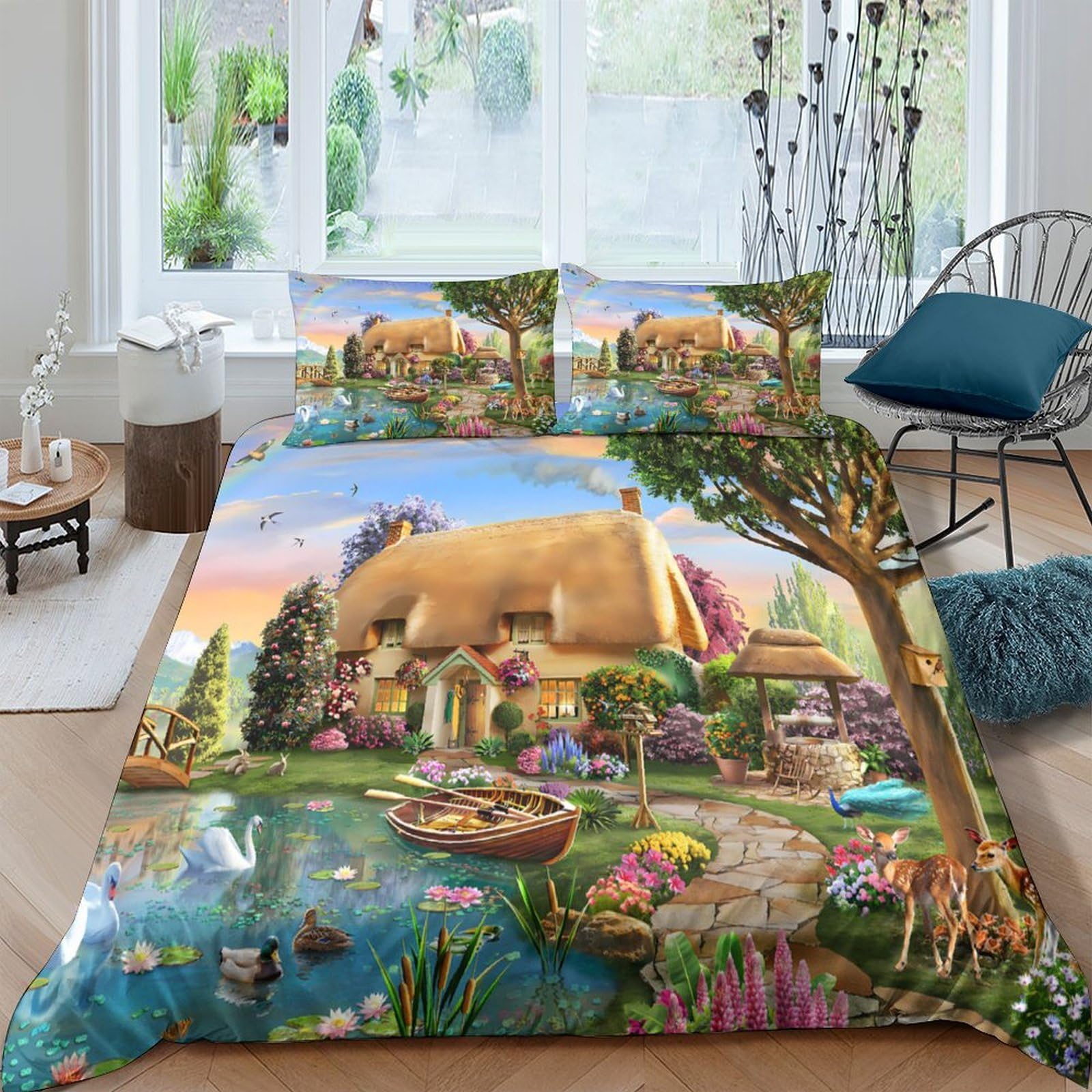 Ctjqhvkz Style-9 3D Printed Cottage Garden Fitted Sheet Microfiber Scenic Lake Bed Cover For Bedroom Guest Room Decor Easy Care Single（135X200cm）
