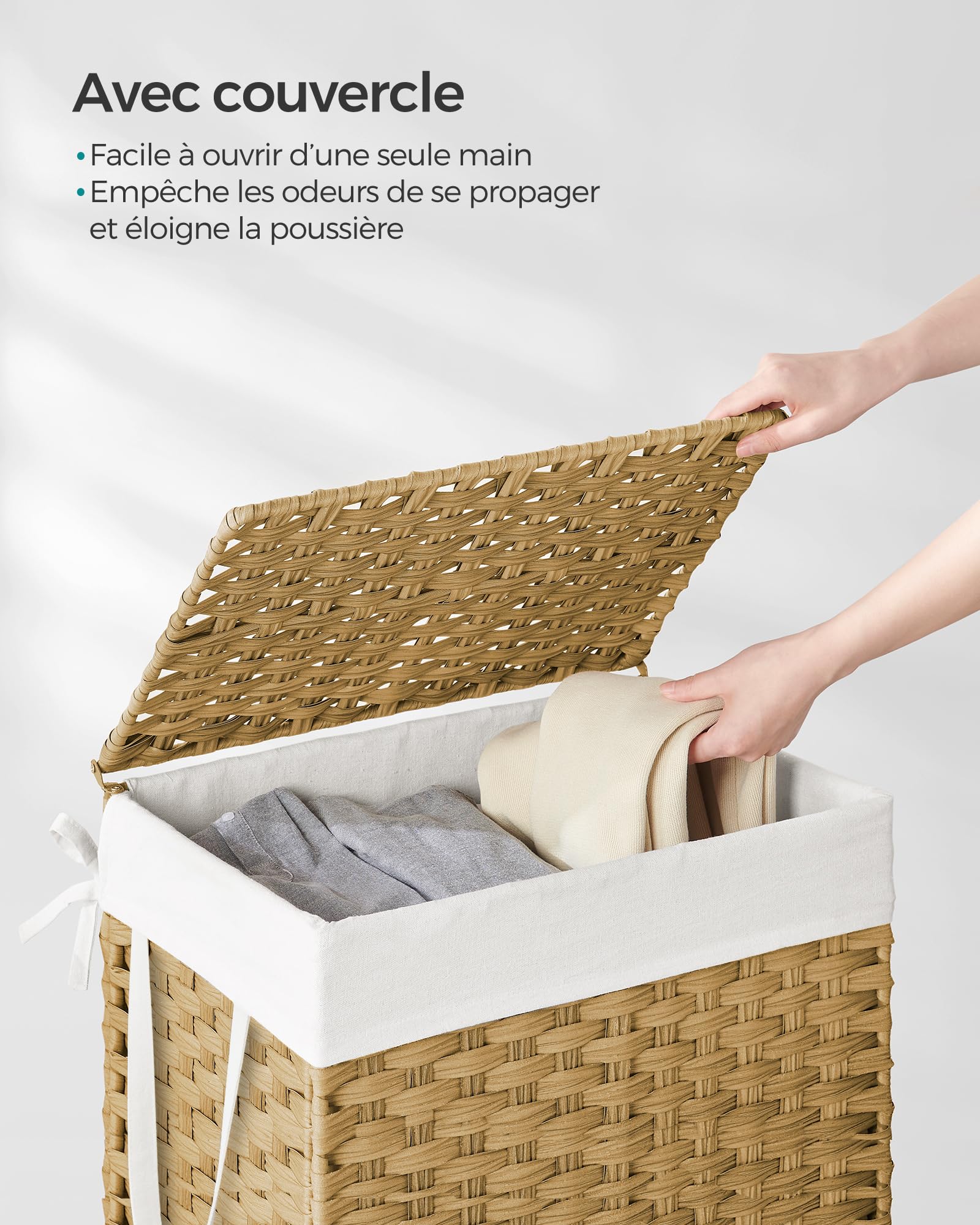 SONGMICS Panier de Rangement, Corbeille Linge Sale 90L avec Couvercle, Pliable, Sac en Tissu Amovibles et Poignées, pour Couvertures, Vêtements, Salon, Chambre, Buanderie, Couleur Boisée LCB51NL