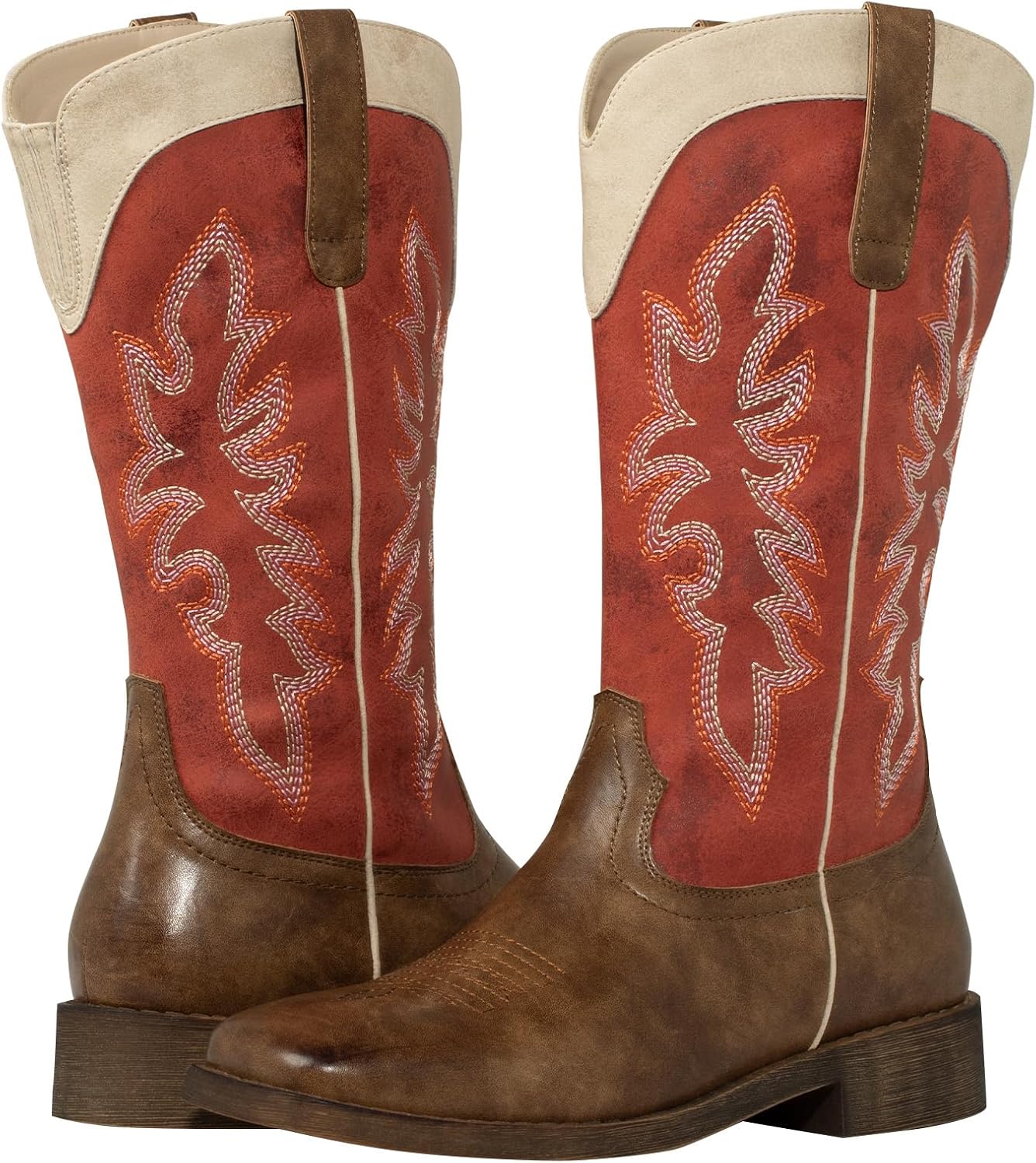 SheSole Cowboy Boots For Women Square Toe Wide Calf Cowgirl Boots Ladies Western Boots Red Green Brown