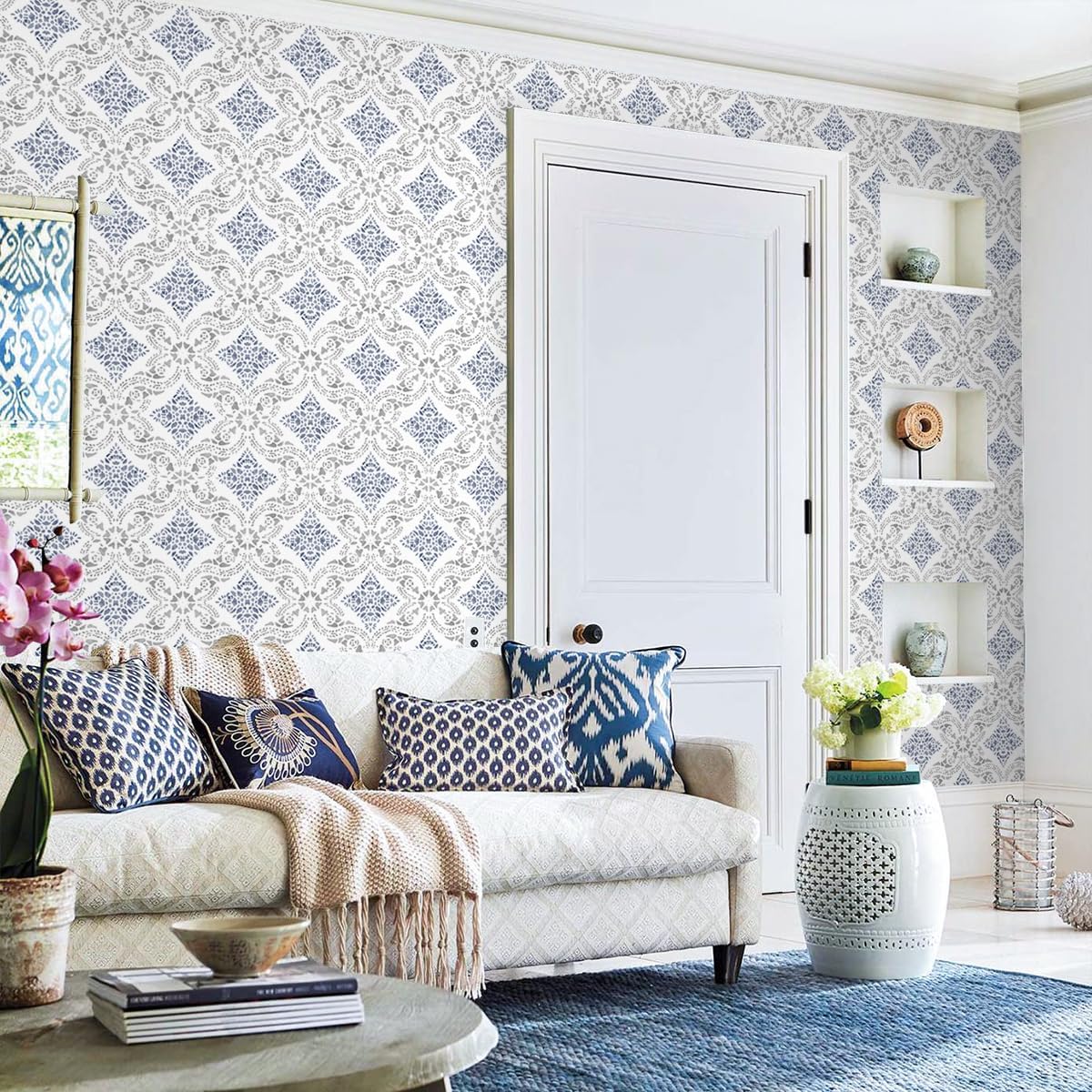 Boho Peel and Stick Wallpaper Blue Contact Paper 16.9inch x 393.7inch Blue Pattern Wallpaper Vintage Self-Adhesive Removable Decorative Contact Paper for Bedroom Cabinets Vinyl
