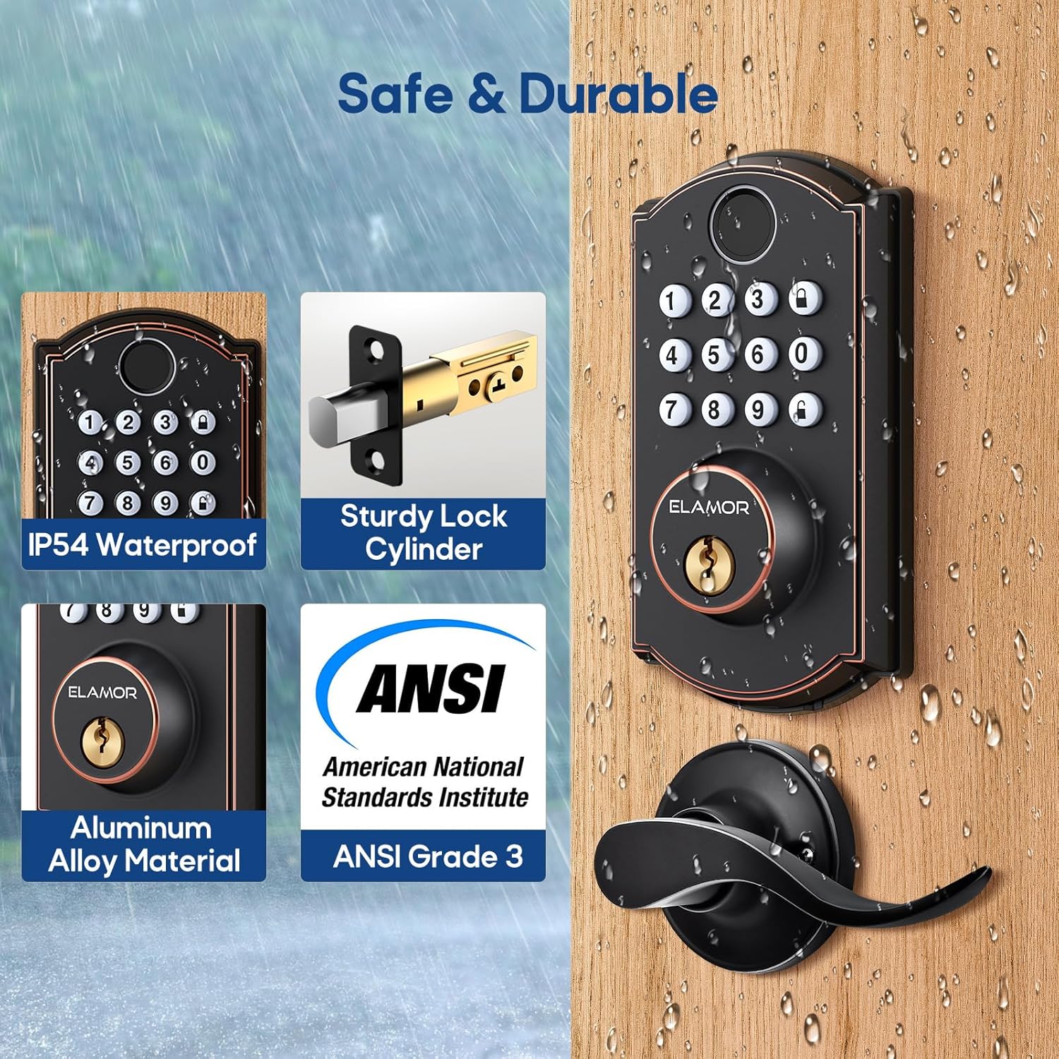 ELAMOR M19 Fingerprint Door Lock with 2 Lever Handles, Keyless Entry Door Lock, Automatic Locking, Easy to Install, Electronic Keypad Deadbolt with Code, Front Deadbolt Handle Sets, Oil Rubbed Bronze