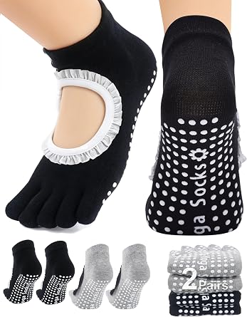 1/2 Pairs Pilates Socks for Women Non Slip Full Toe Grip Socks Ruffle Hollow Grippy Socks Yoga Barre Size 6-9.5