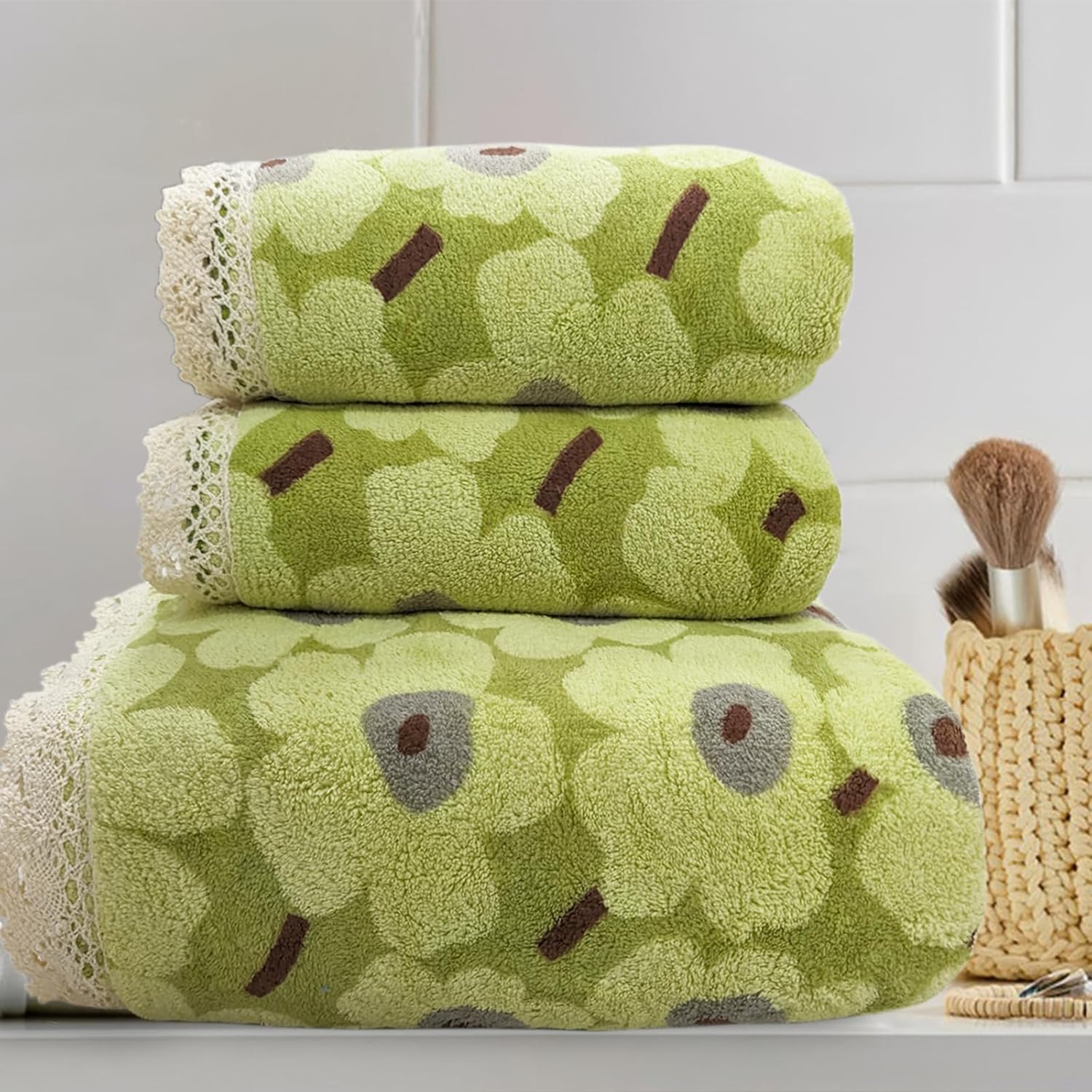 ABREEZE Floral Bath Towel Set,3 pcs, Coral Fleece Material Soft Skin-Friendly Absorbent Towels(1 Bath Towel,2 Hand Towels)
