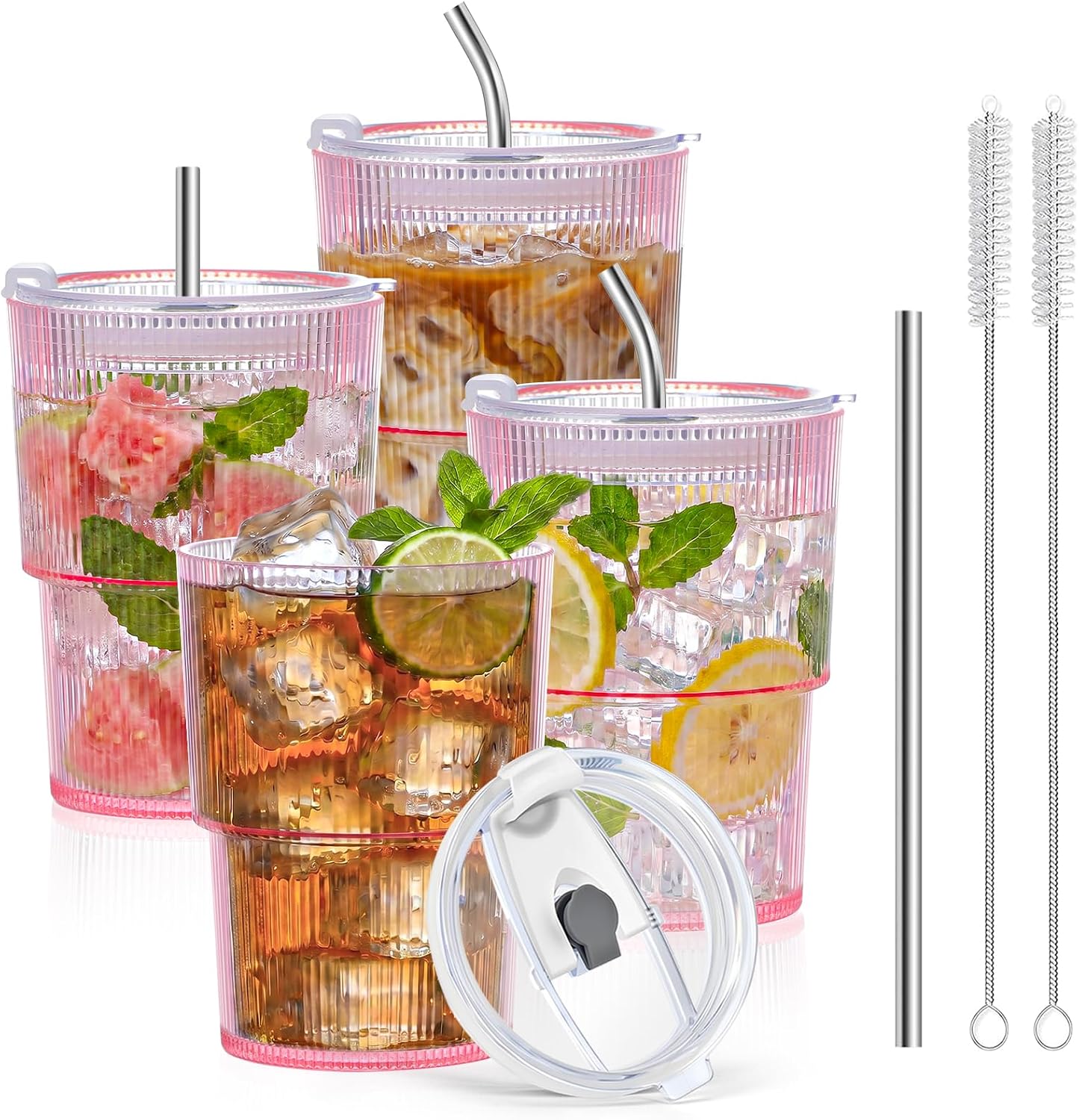 4 Pcs 15oz Plastic Tumblers with Lids and Straw Ribbed Iced Coffee Cups Pink Reusable Plastic Cups Leak-Proof Travel Iced Coffee Tumblers for Home Office Travel with Clean Brush