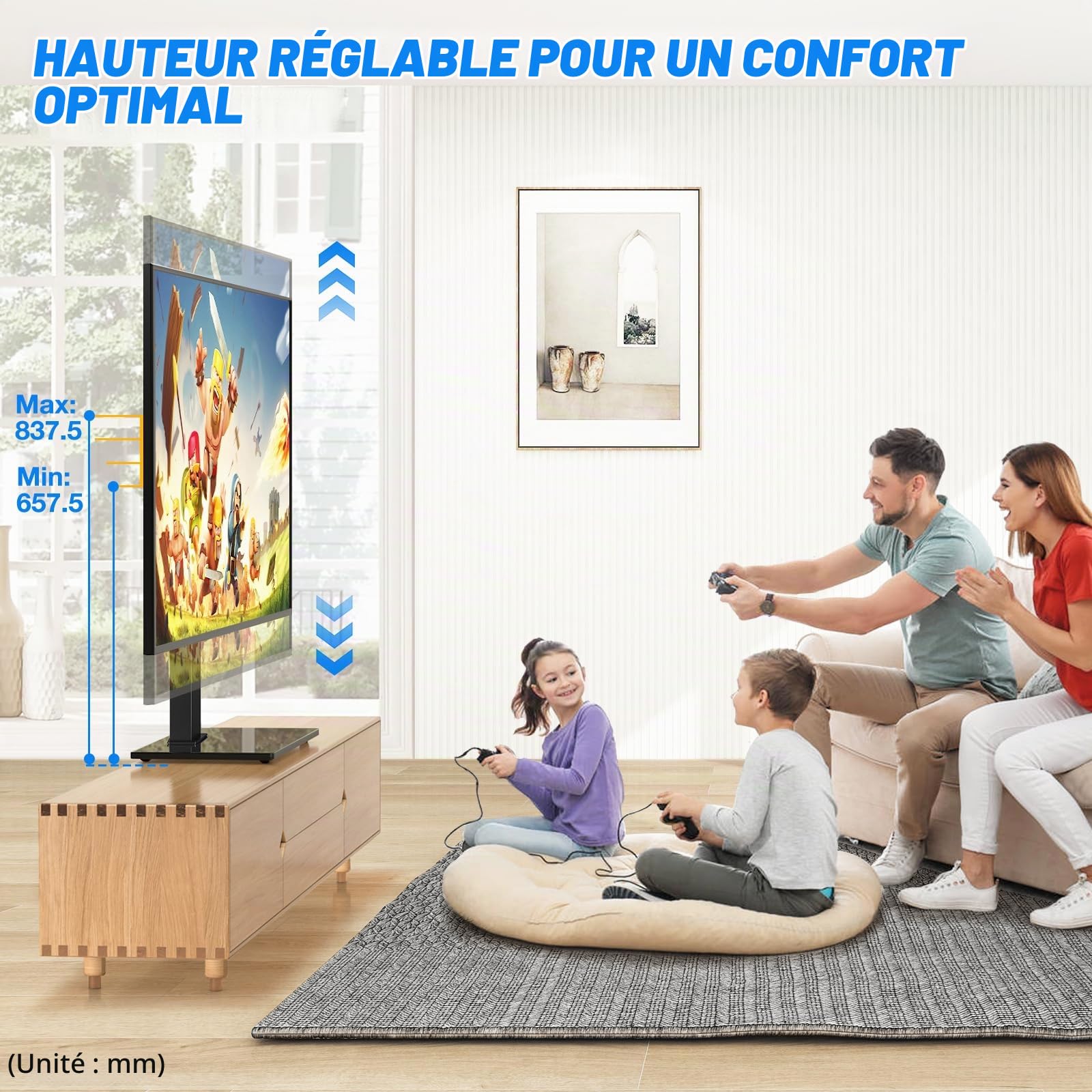 Support TV de Bureau 5Rcom pour Téléviseurs 32-70 Pouces, Capacité 40KG, Base en Verre Trempé Réglable en Hauteur, Support Universel pour Salon/Chambre, VESA Max 400x400mm