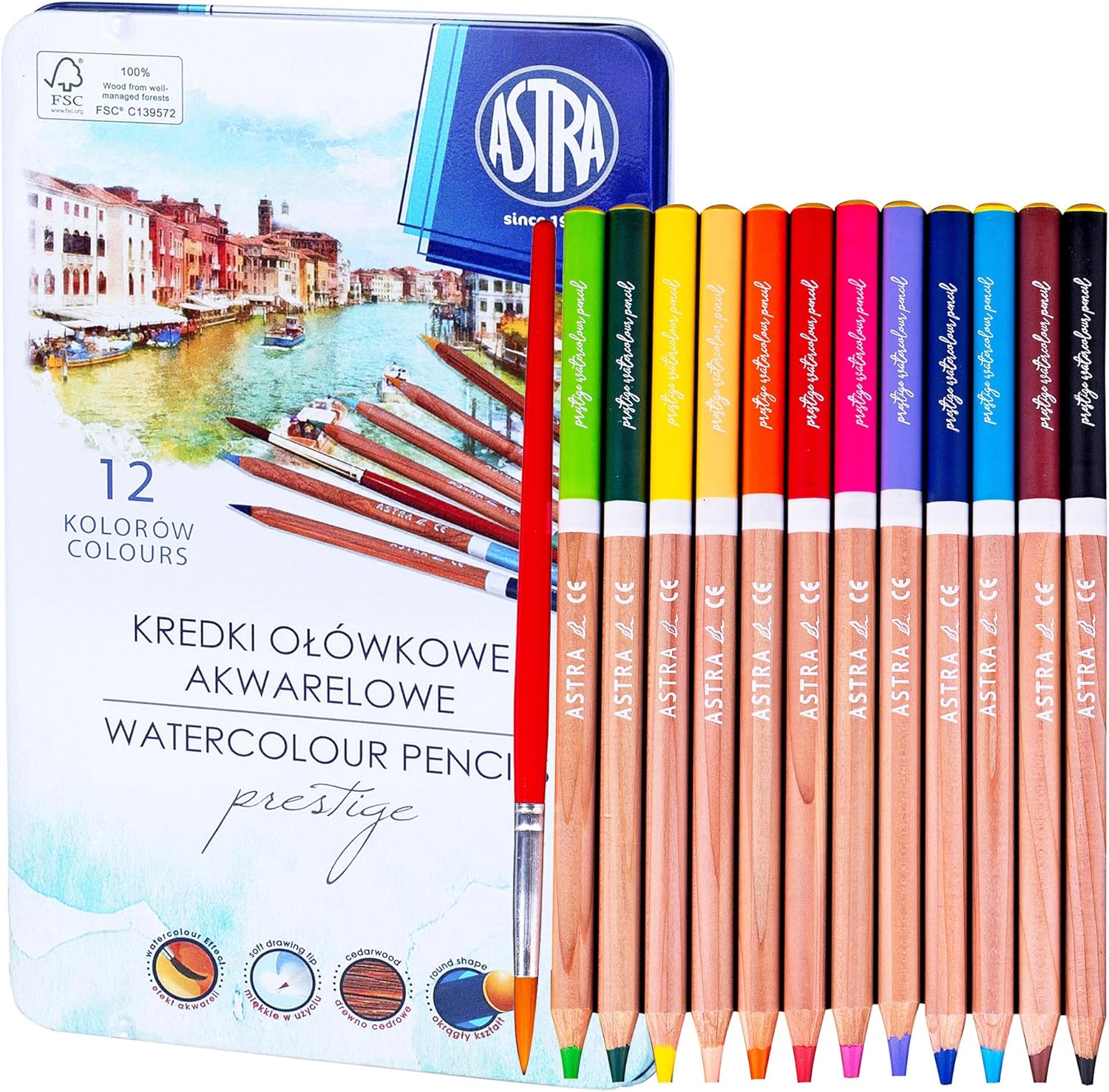 Astra Prestige 12 Watercolour Pencils and Paint Brush in Metal Tin Case for Children and Adult Artists - FSC Certified Pre-Sharpened Cedar Wood Pencils