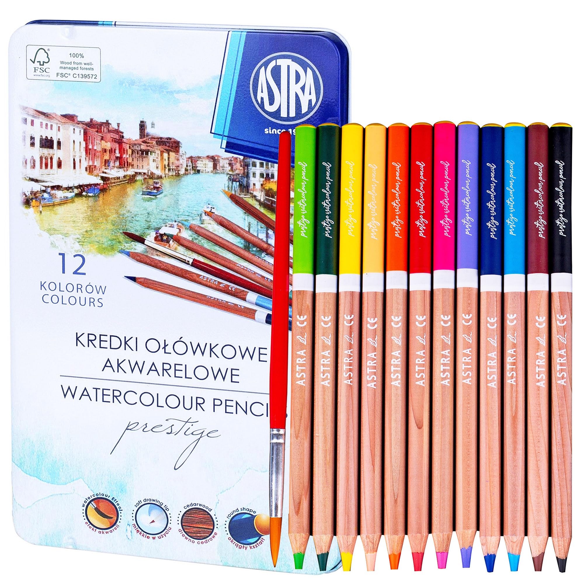 Astra Prestige 24 aquarelpotloden en penseel met metalen tinnen etui voor kinderen en volwassen kunstenaars, FSC-gecertificeerde pre-geslepen